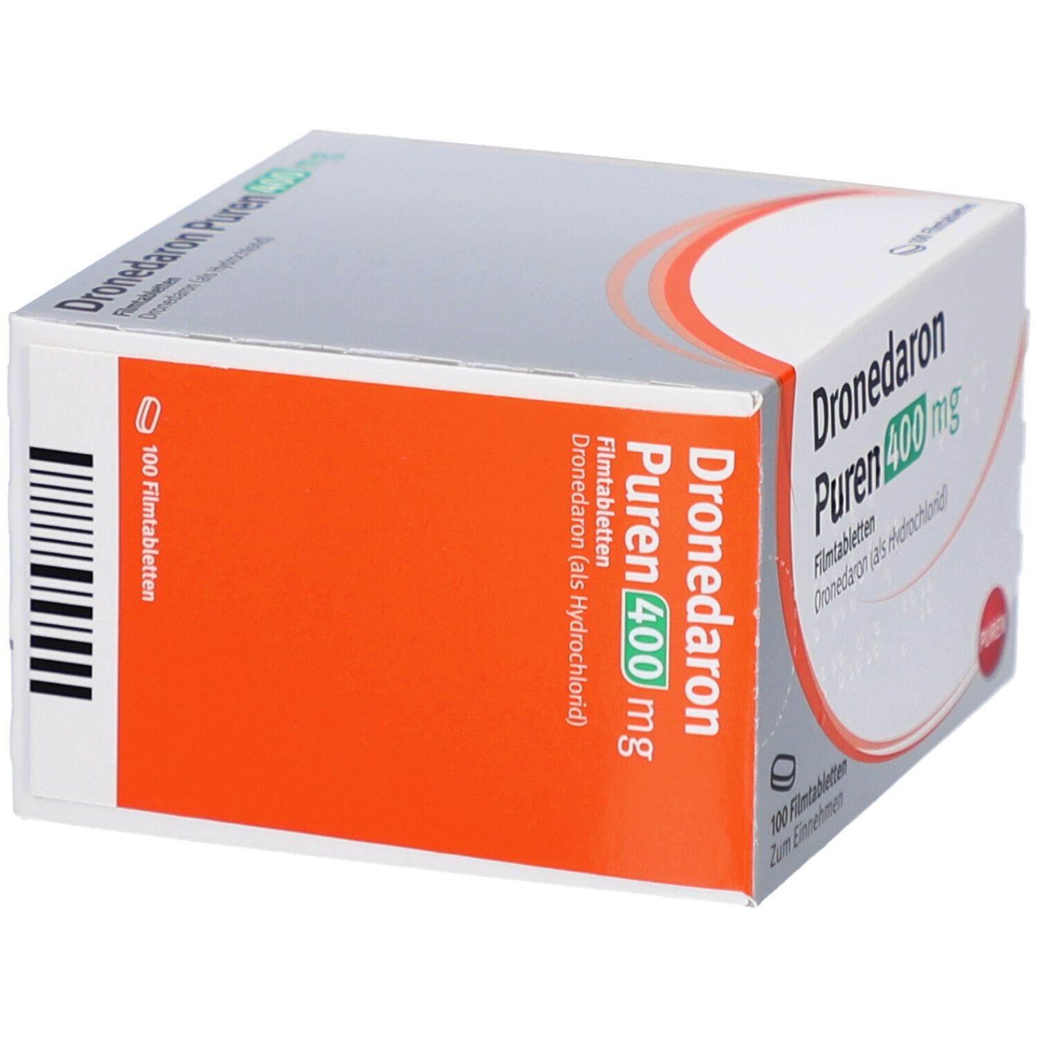 Schachtel mit Filmtabletten. Aufschrift: Dronedaron Puren 400 mg. 100 Filmtabletten. PUREN-Logo. Orangefarbener Streifen.