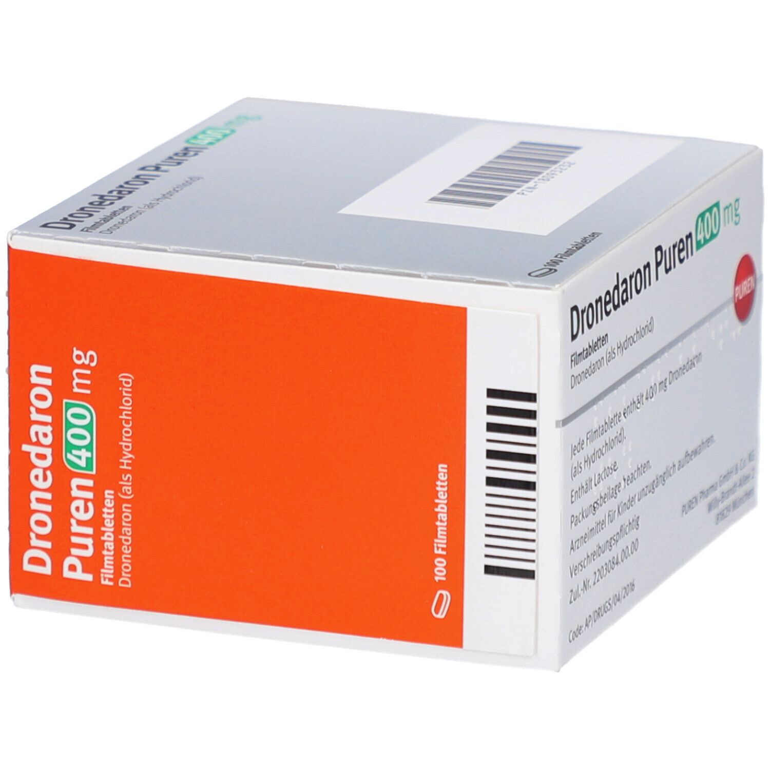 Schachtel mit Filmtabletten. Aufschrift: Dronedaron Puren 400 mg. 100 Filmtabletten. PUREN-Logo. Orangefarbener Streifen.