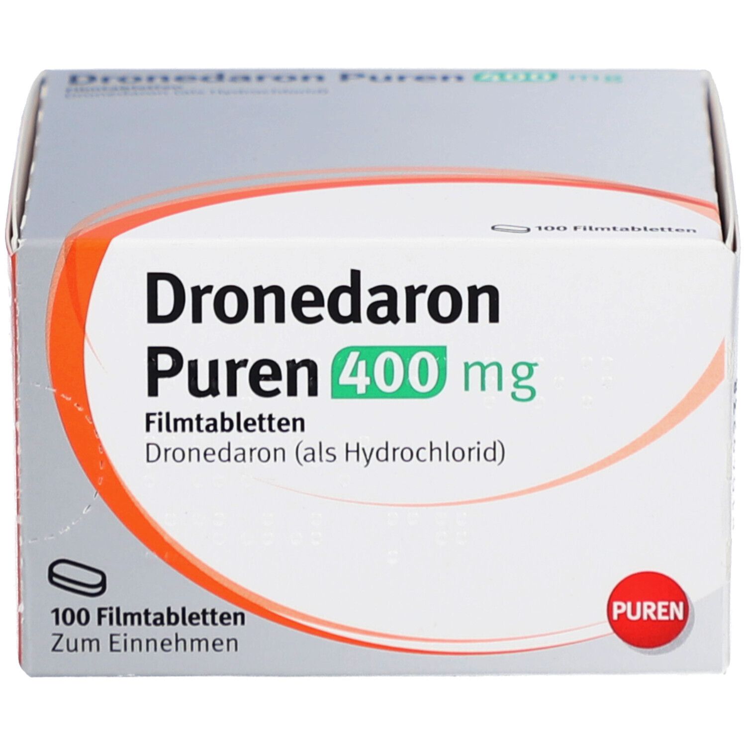 Schachtel mit Filmtabletten. Aufschrift: Dronedaron Puren 400 mg. 100 Filmtabletten. PUREN-Logo.