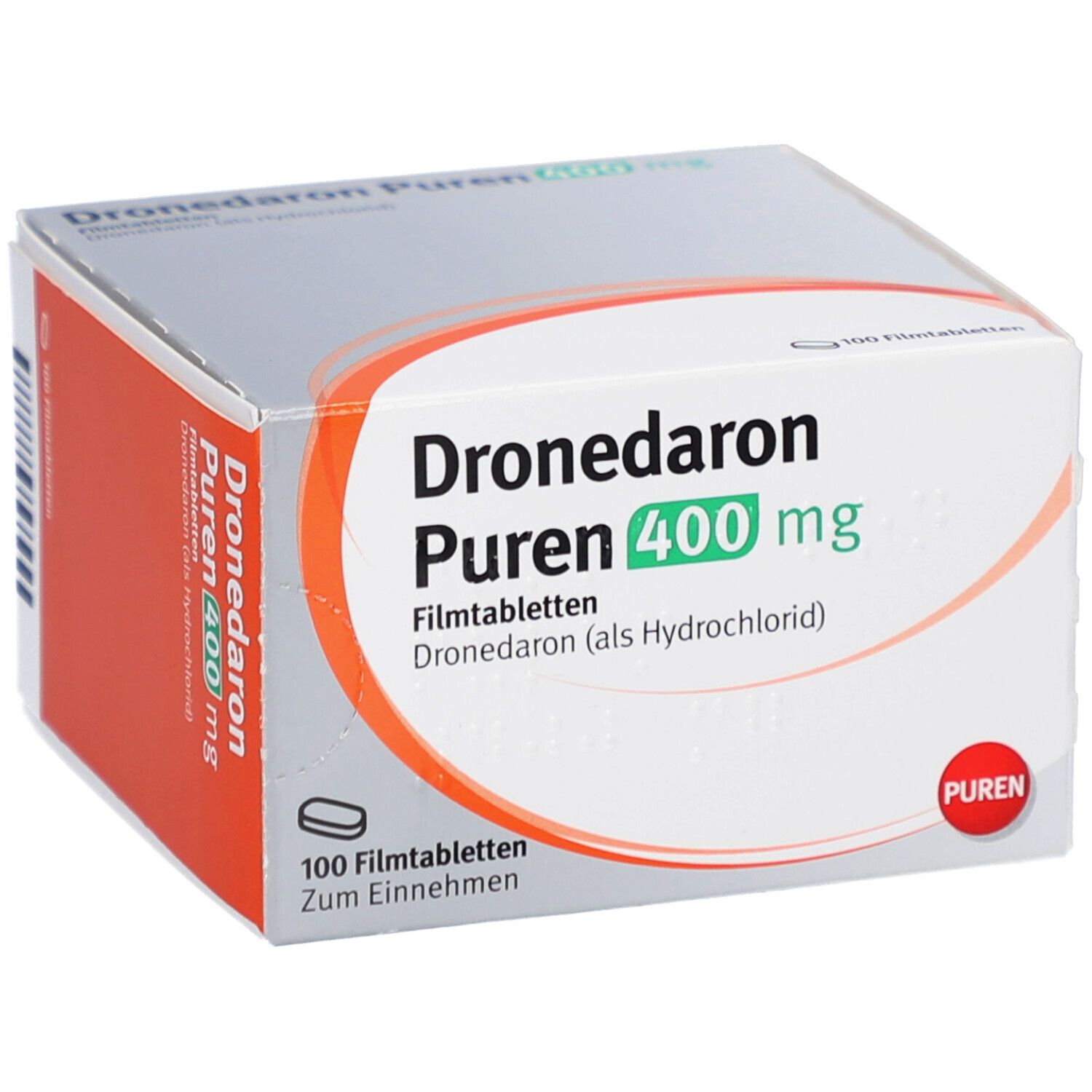 Schachtel mit Filmtabletten. Aufschrift: Dronedaron Puren 400 mg. 100 Filmtabletten. PUREN-Logo. Orangefarbener Streifen.
