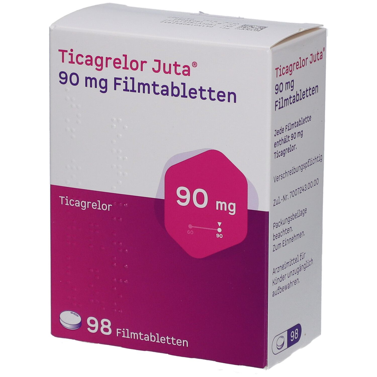 Schachtel mit Ticagrelor Juta 90 mg Filmtabletten. Enthält 98 Tabletten. Aufdruck: 90 mg, Ticagrelor.