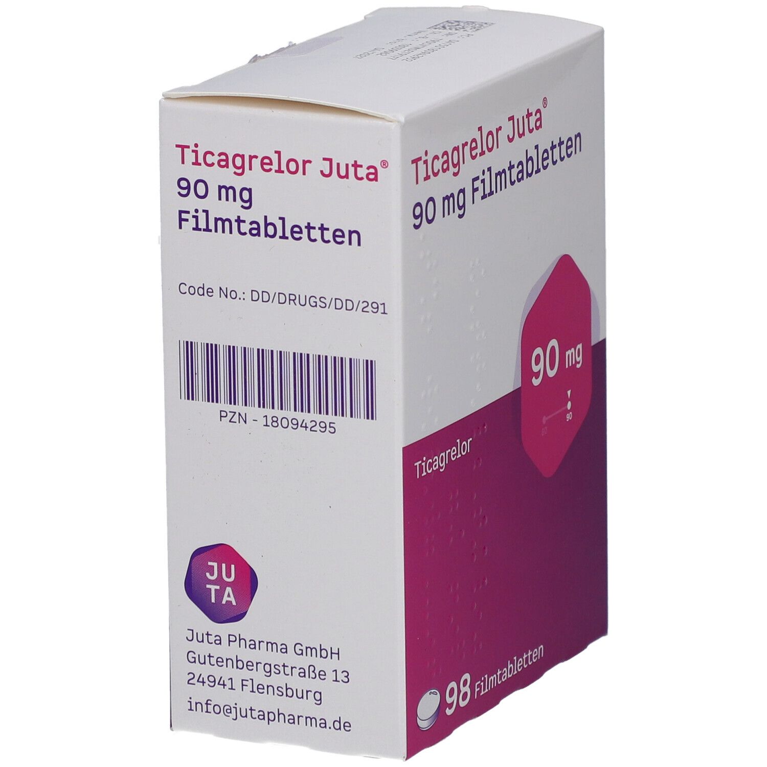 Schachtel Ticagrelor Juta 90 mg Filmtabletten. Aufdruck: 90 mg, 98 Filmtabletten. Logo Juta Pharma GmbH. Code-Nr. und PZN.