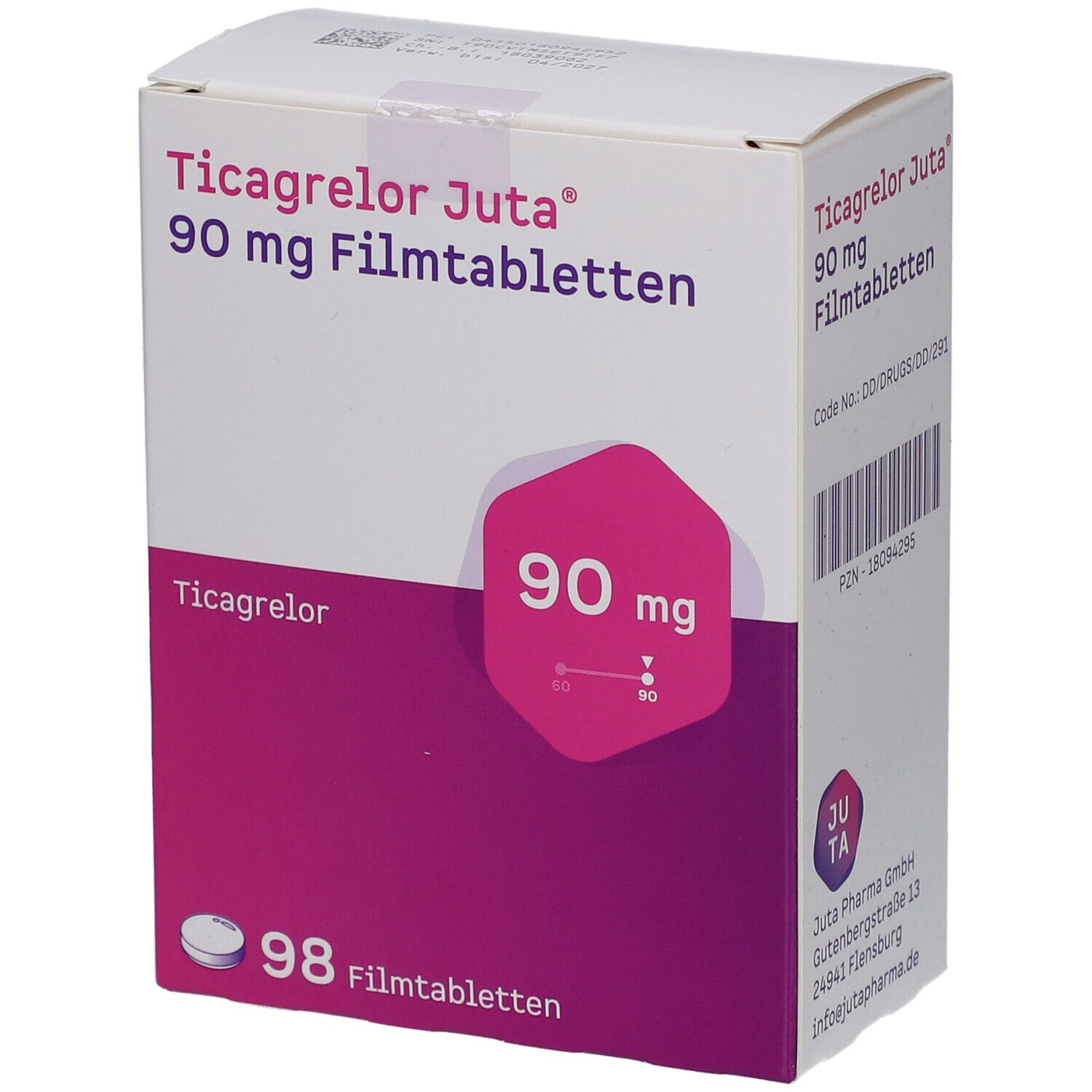 Schachtel mit Ticagrelor Juta 90 mg Filmtabletten. Aufdruck: 90 mg, 98 Filmtabletten. Logo Juta Pharma GmbH.