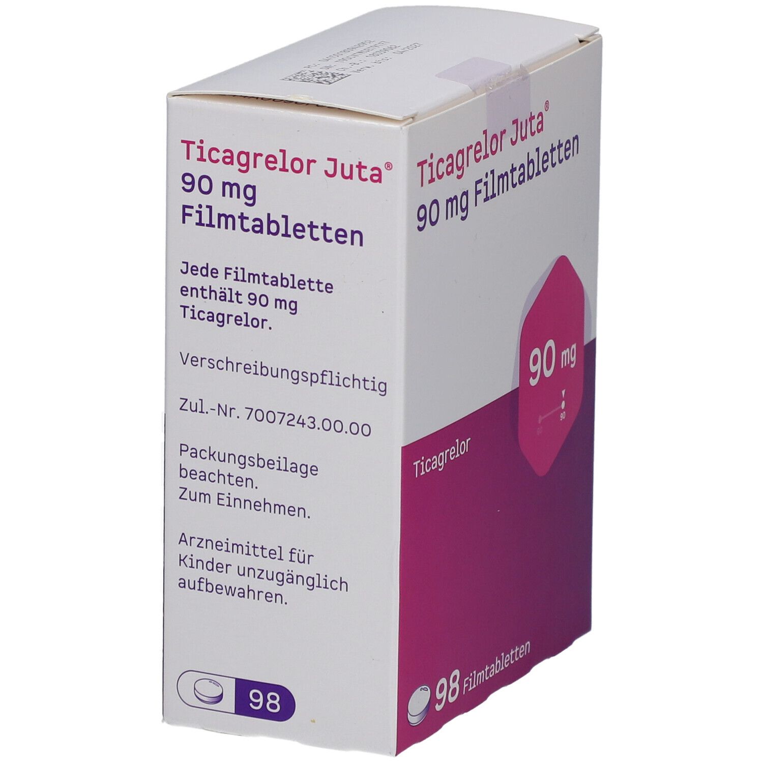Schachtel mit Ticagrelor Juta 90 mg Filmtabletten. Aufdruck: 90 mg, 98 Filmtabletten. Text: Verschreibungspflichtig.