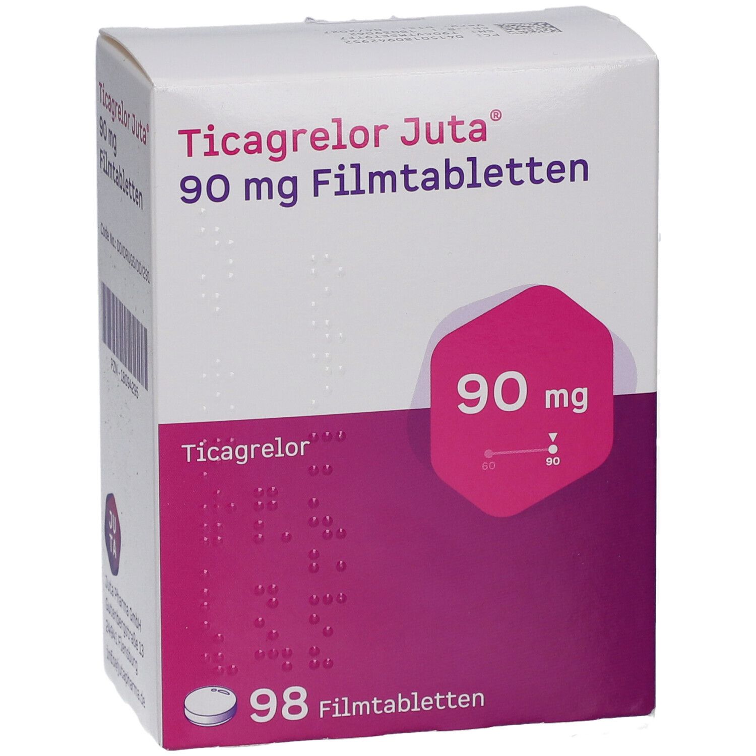 Schachtel mit Ticagrelor Juta 90 mg Filmtabletten. Aufdruck: 90 mg, 98 Filmtabletten. Text: Ticagrelor.