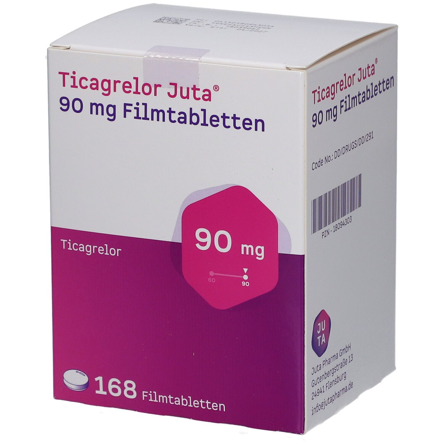 Schachtel mit Ticagrelor Juta 90 mg Filmtabletten. Weiß-lila Verpackung mit Produktnamen und Dosierung. Enthält 168 Tabletten.