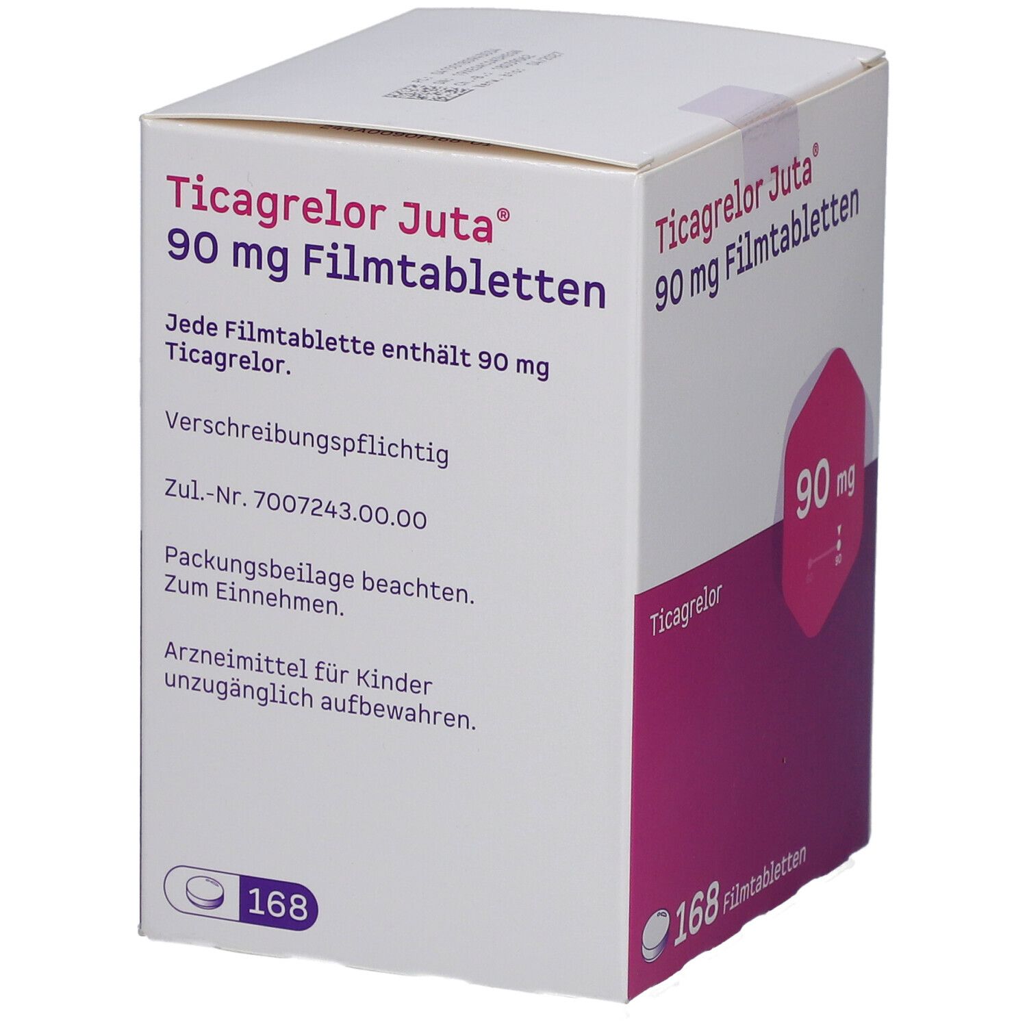 Schachtel mit Ticagrelor Juta 90 mg Filmtabletten. Textinformationen auf weißem Hintergrund. Enthält 168 Tabletten.