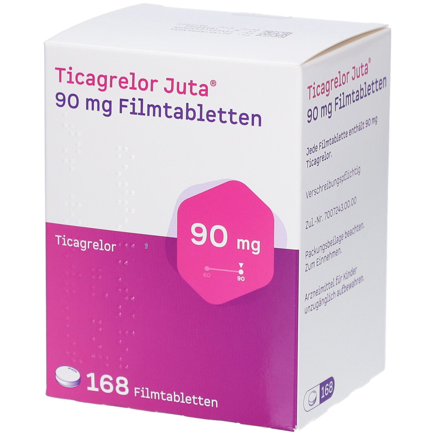Schachtel mit Ticagrelor Juta 90 mg Filmtabletten. Weiß-lila Verpackung mit Produktnamen und Dosierung. Enthält 168 Tabletten.