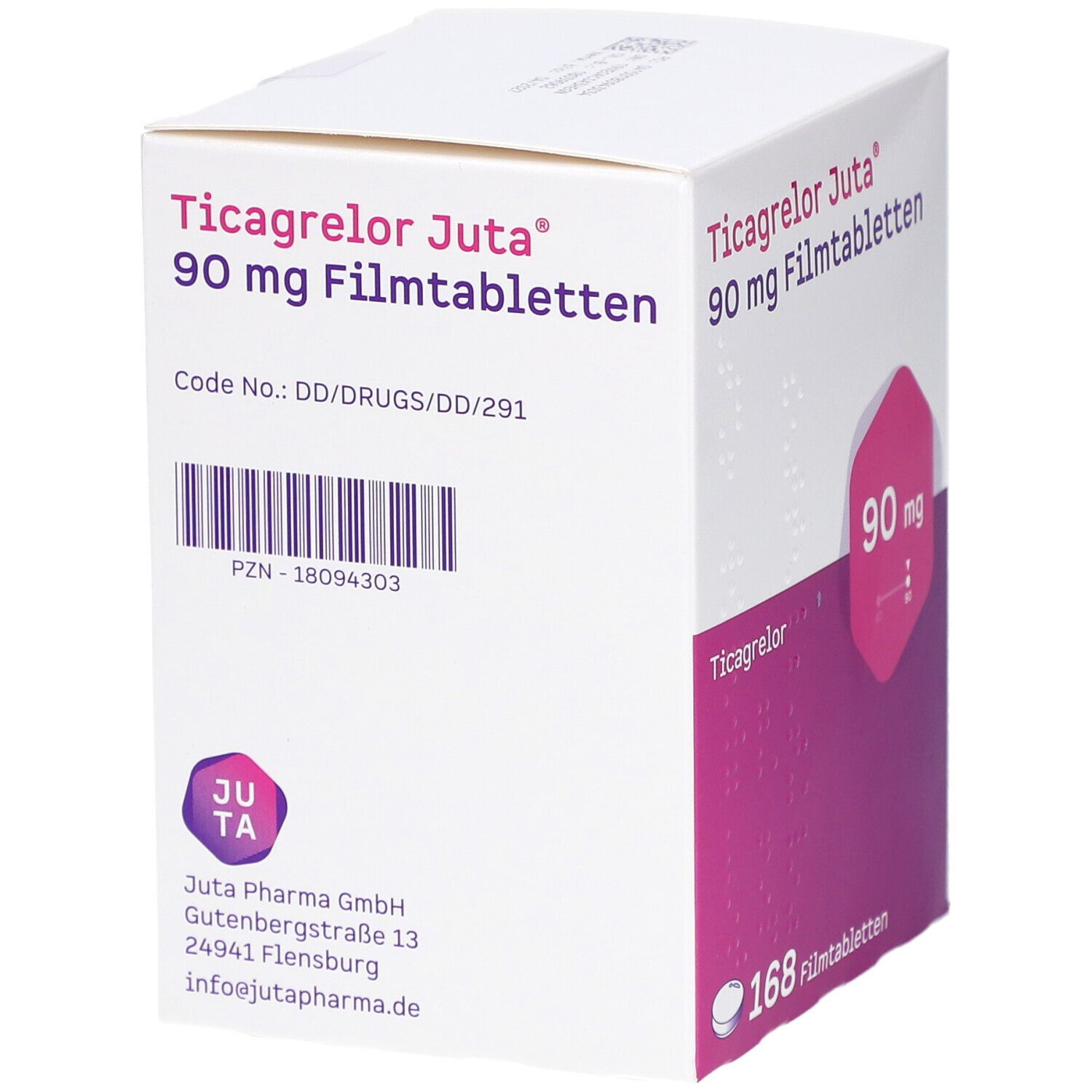 Schachtel mit Ticagrelor Juta 90 mg Filmtabletten. Weiß-lila Verpackung mit Produktnamen und Dosierung. Enthält 168 Tabletten.