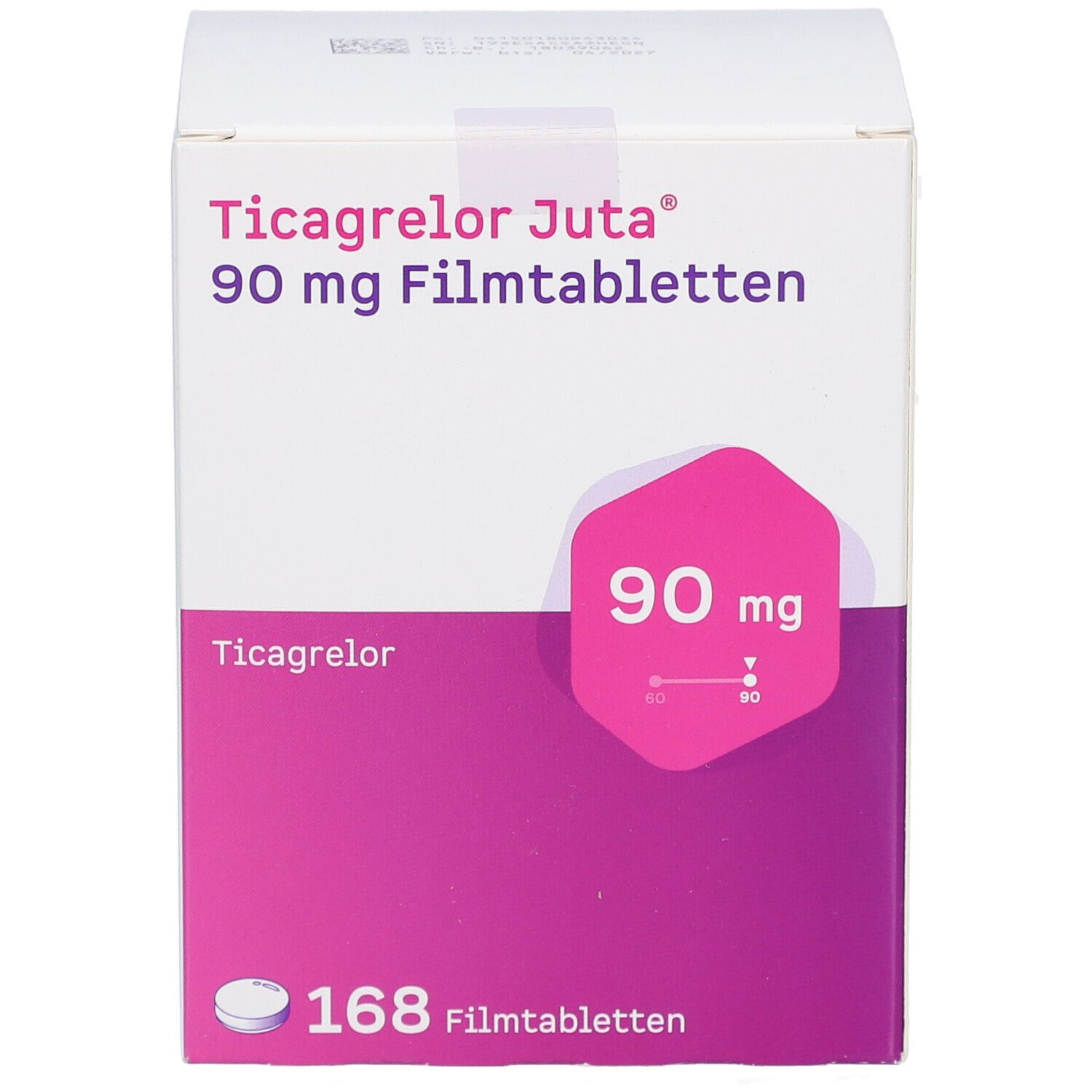 Schachtel mit Ticagrelor Juta 90 mg Filmtabletten. Weiß-lila Verpackung mit Produktnamen und Dosierung. Enthält 168 Tabletten.