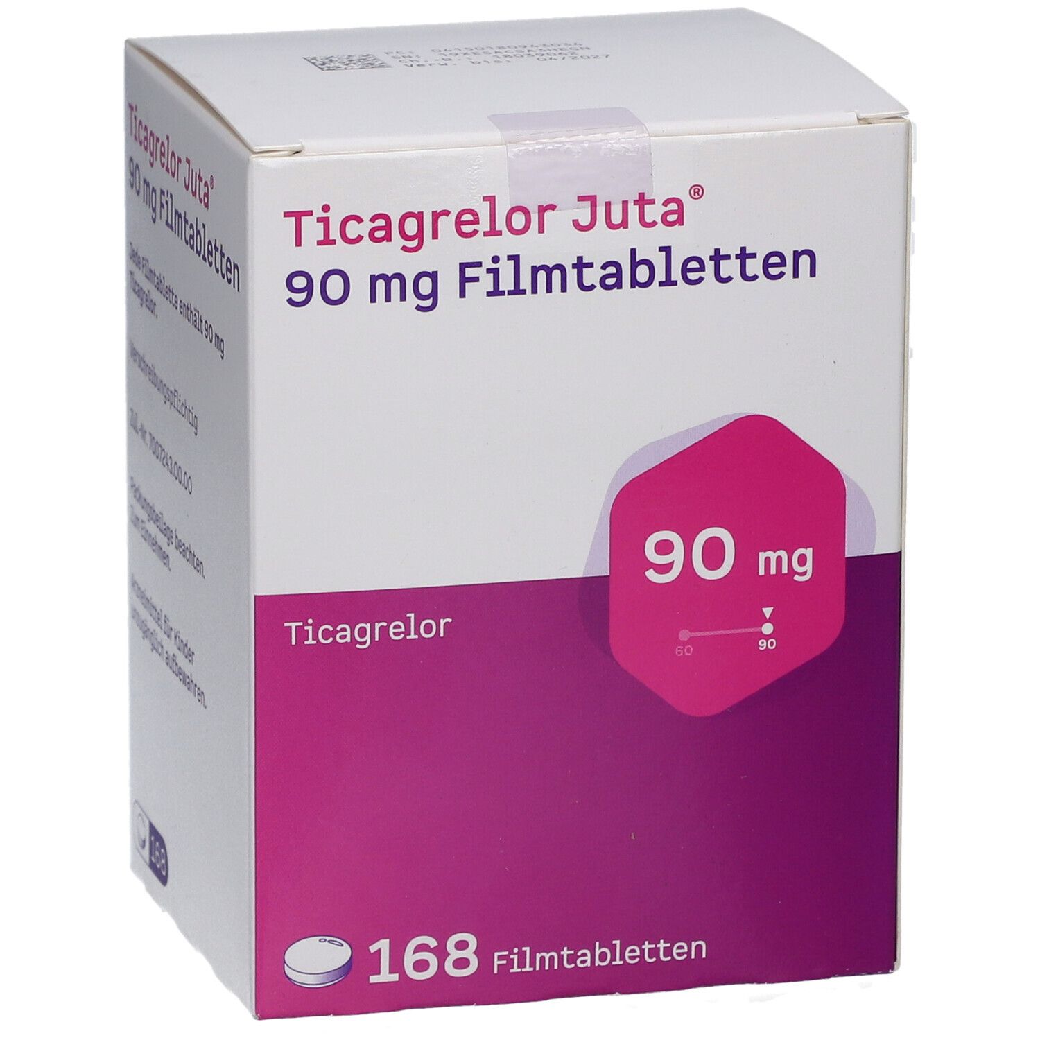 Schachtel mit Ticagrelor Juta 90 mg Filmtabletten. Weiß-lila Verpackung mit Produktnamen und Dosierung. Enthält 168 Tabletten.