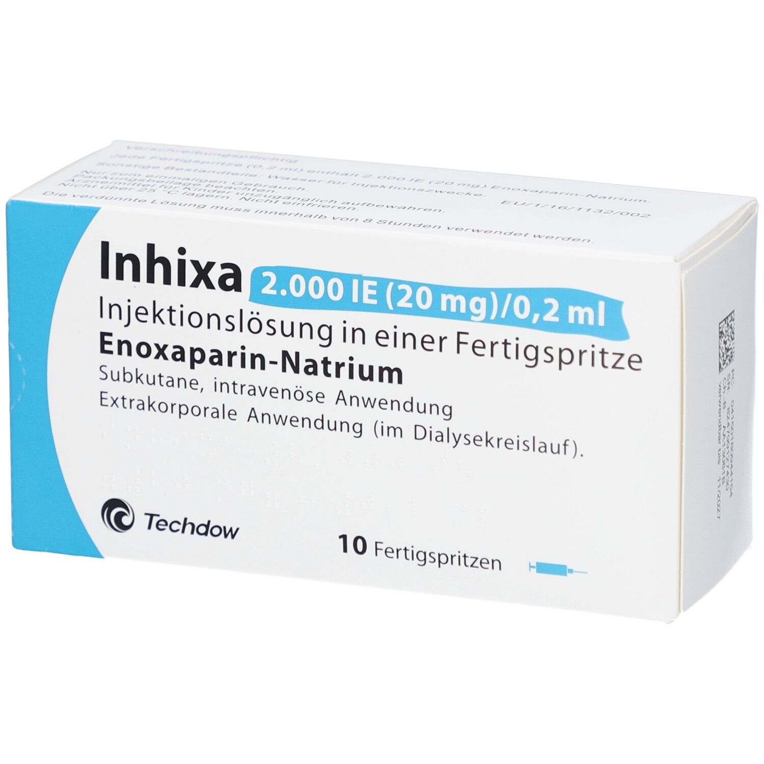 Packung INHIXA 2.000 IE (20 mg)/0,2 ml. 10 Fertigspritzen. Blaue und weiße Verpackung mit Produktinformationen.