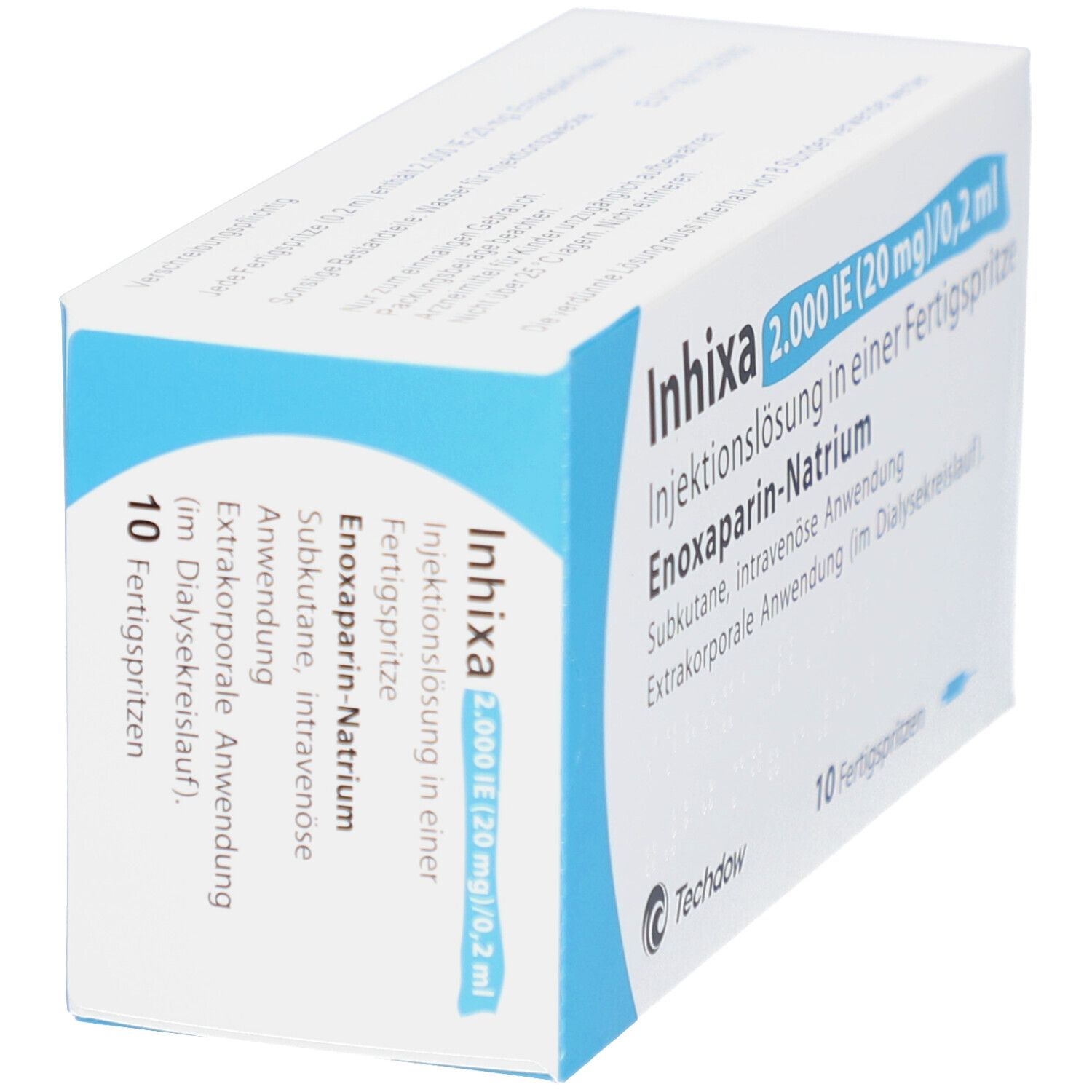 Schrägansicht der INHIXA-Packung. Blaue und weiße Schachtel mit Produktnamen und Details. 10 Fertigspritzen.