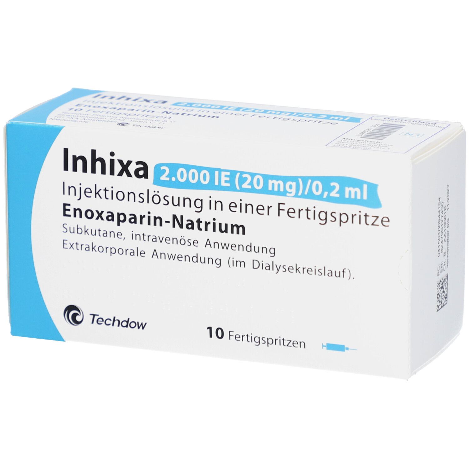 Packung INHIXA 2.000 IE (20 mg)/0,2 ml. 10 Fertigspritzen. Blaue und weiße Verpackung mit Produktinformationen.