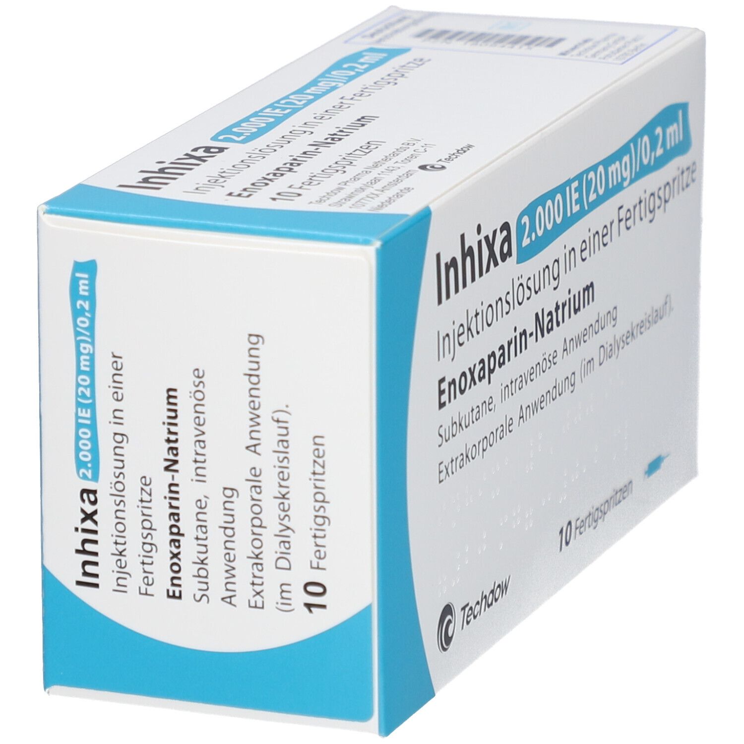Schrägansicht der INHIXA-Packung. Blaue und weiße Schachtel mit Produktnamen und Details. 10 Fertigspritzen.