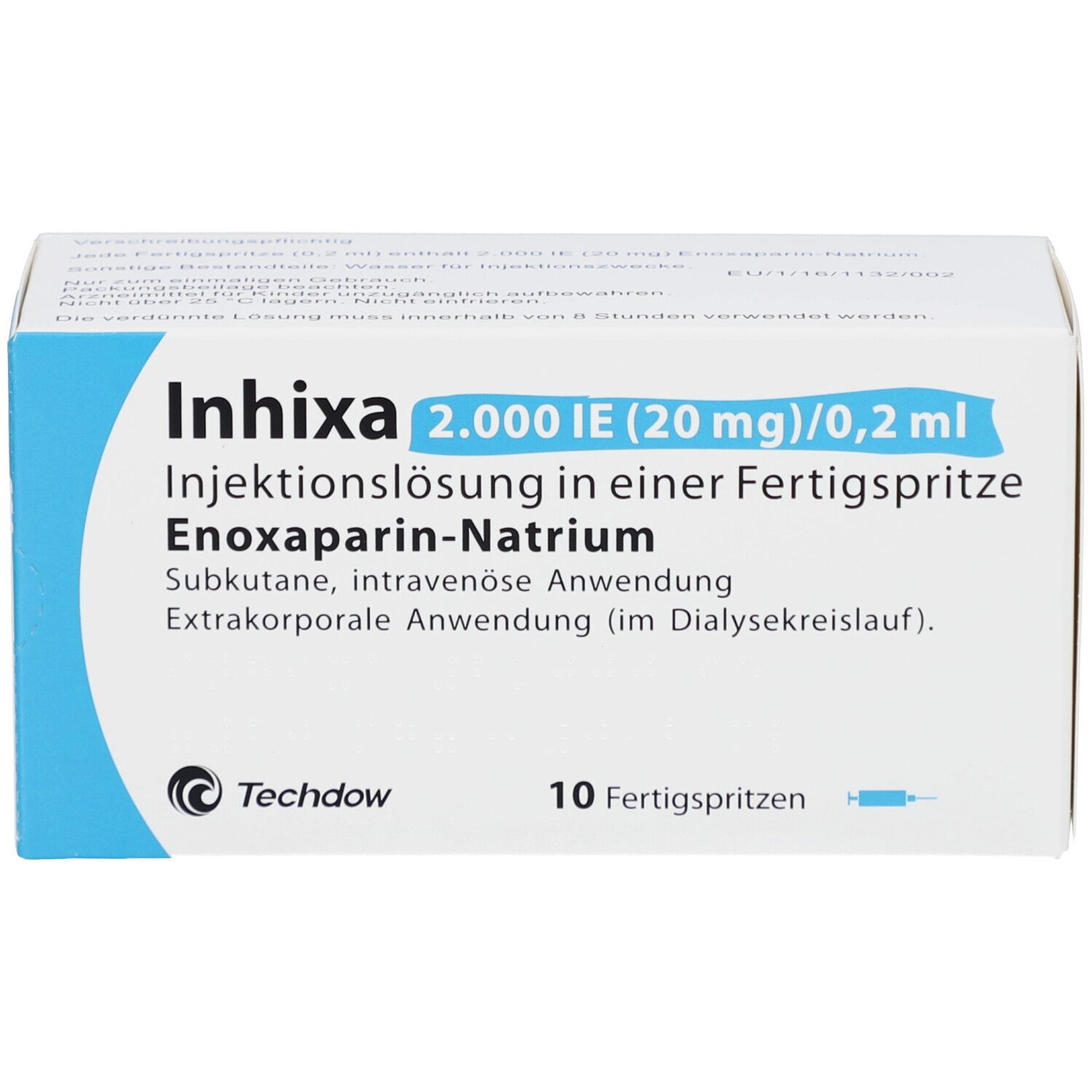 Packung INHIXA 2.000 IE (20 mg)/0,2 ml. 10 Fertigspritzen. Blaue und weiße Verpackung mit Produktinformationen.