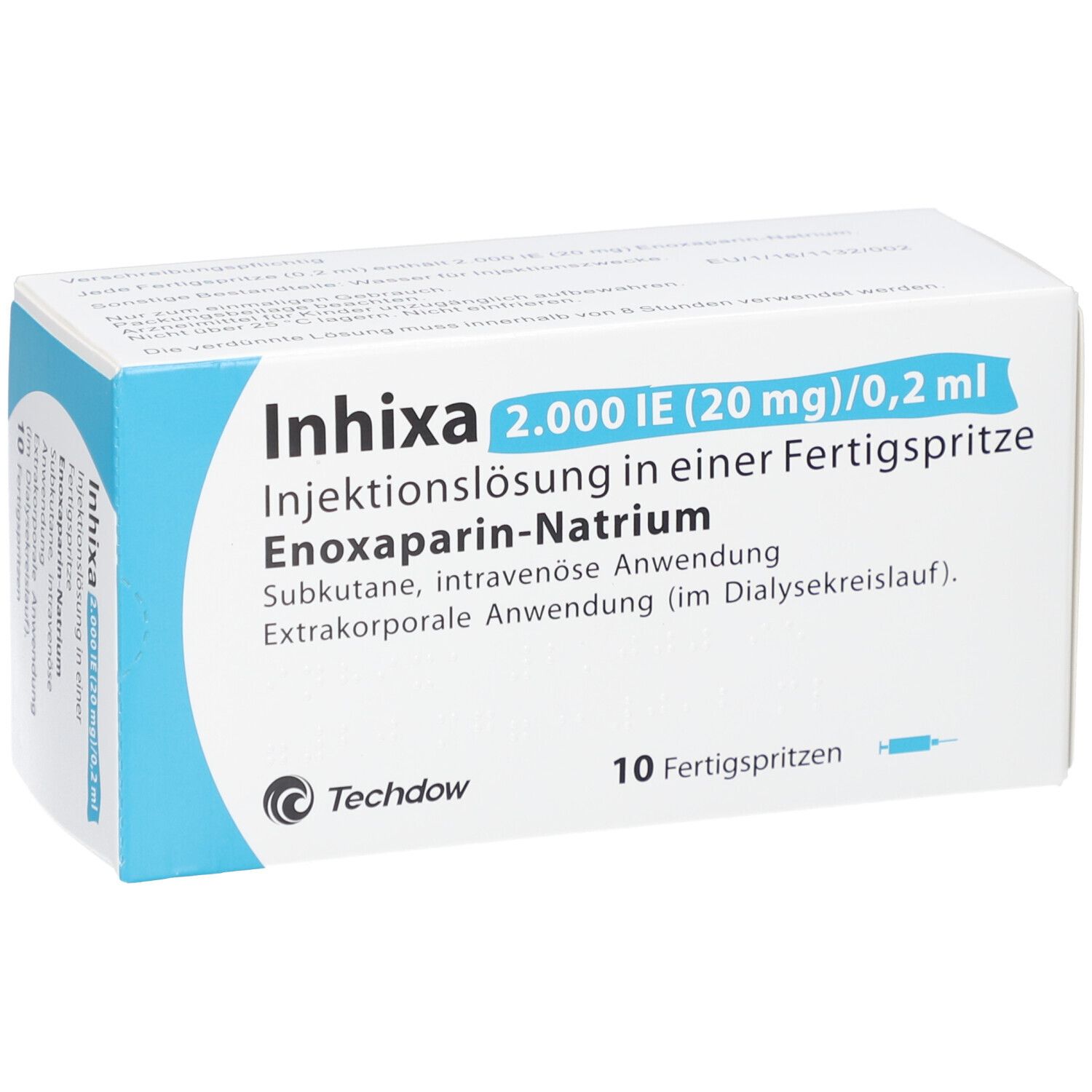 Packung INHIXA 2.000 IE (20 mg)/0,2 ml. 10 Fertigspritzen. Blaue und weiße Verpackung mit Produktinformationen.