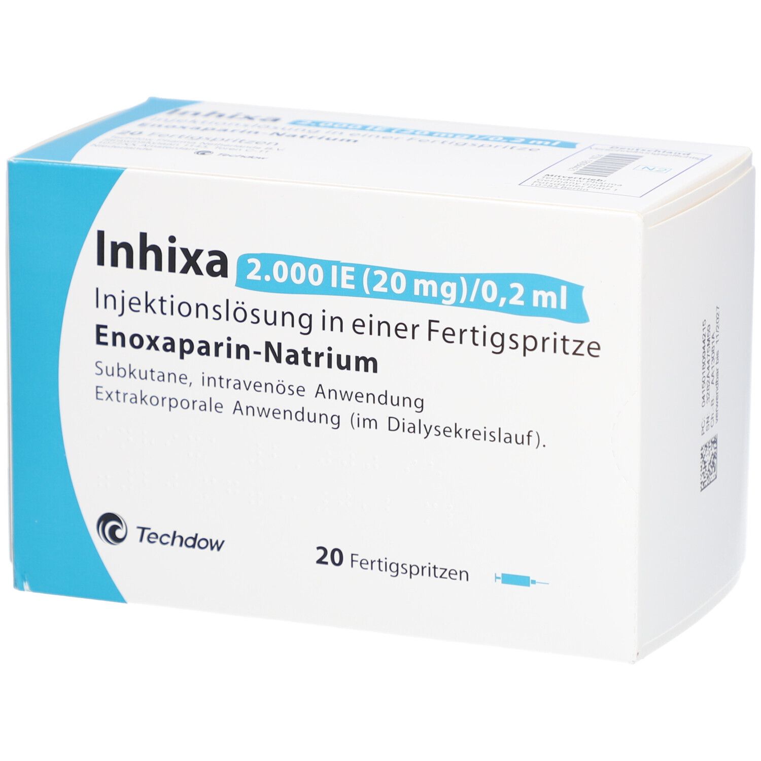 Weiße Schachtel mit blauer Schrift. Aufschrift: Inhixa 2.000 IE (20 mg)/0,2 ml. 20 Fertigspritzen. Techdow Logo.