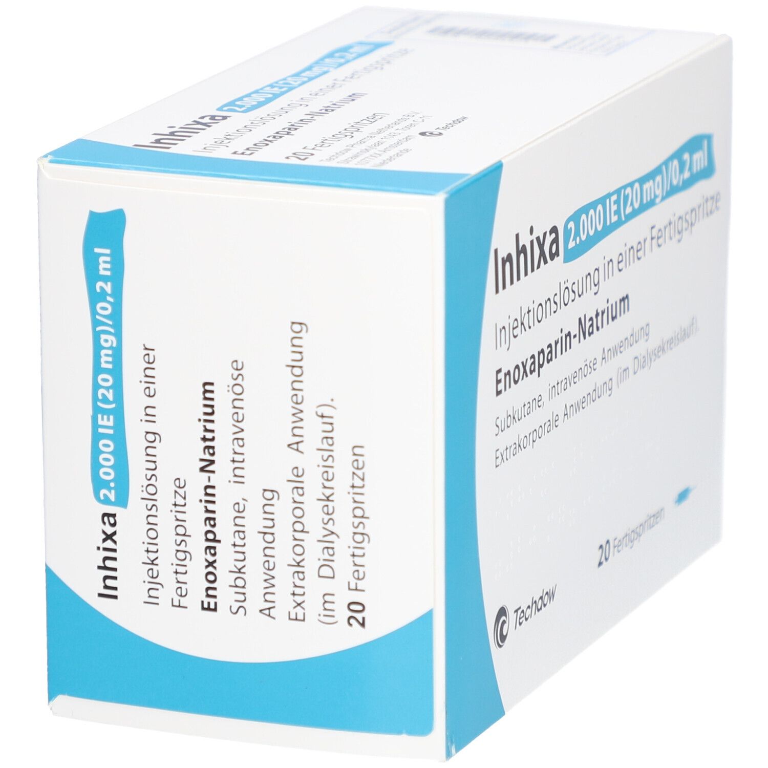 Schachtel, weiß mit blauen Akzenten. Aufschrift: Inhixa 2.000 IE (20 mg)/0,2 ml. 20 Fertigspritzen. Techdow Logo.