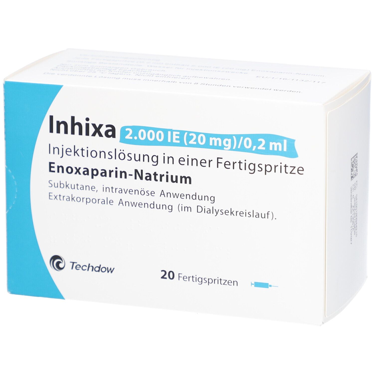 Weiße Schachtel mit blauer Schrift. Aufschrift: Inhixa 2.000 IE (20 mg)/0,2 ml. 20 Fertigspritzen. Techdow Logo.