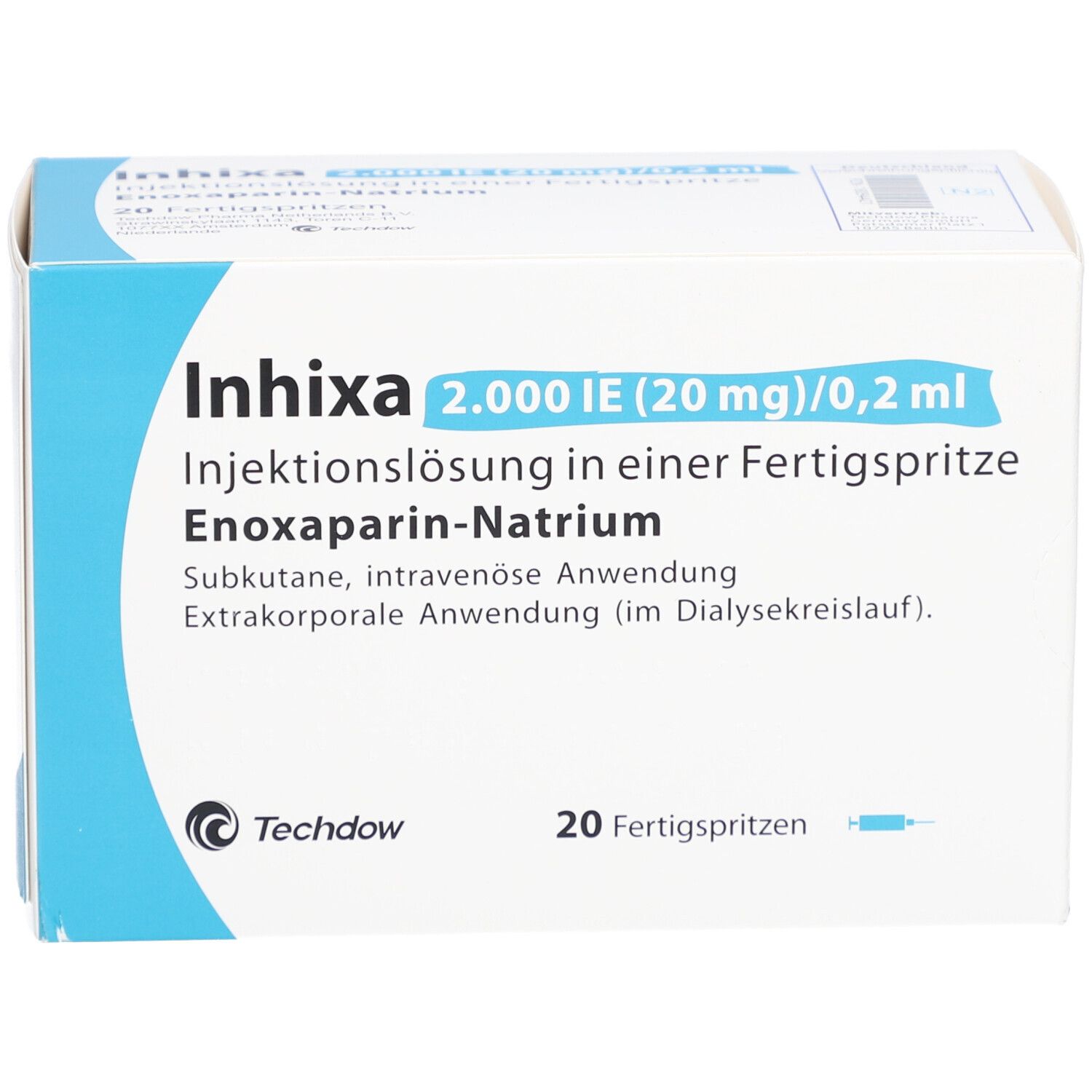Weiße Schachtel mit blauer Schrift. Aufschrift: Inhixa 2.000 IE (20 mg)/0,2 ml. 20 Fertigspritzen. Techdow Logo.