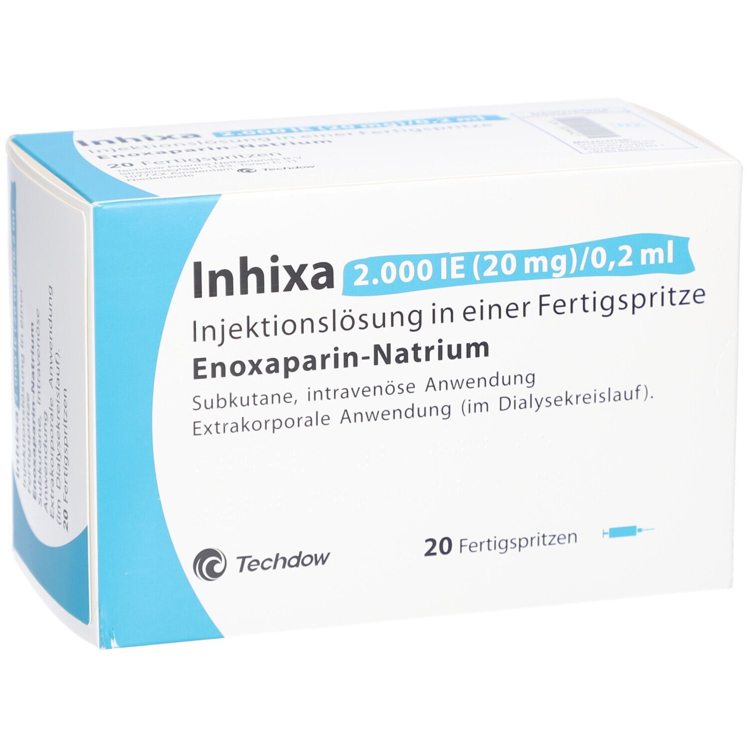 Weiße Schachtel mit blauer Schrift. Aufschrift: Inhixa 2.000 IE (20 mg)/0,2 ml. 20 Fertigspritzen. Techdow Logo.