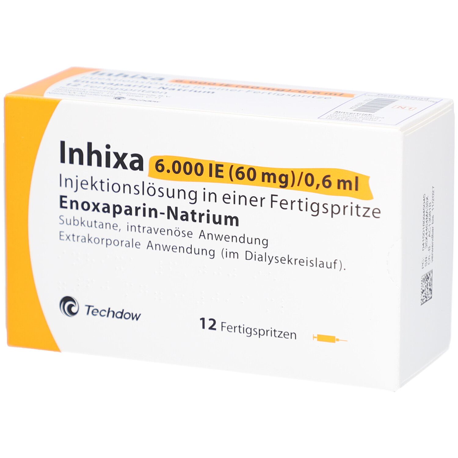 Verpackung von Inhixa 6.000 IE. Enthält 12 Fertigspritzen. Text: Injektionslösung, Enoxaparin-Natrium, Techdow.