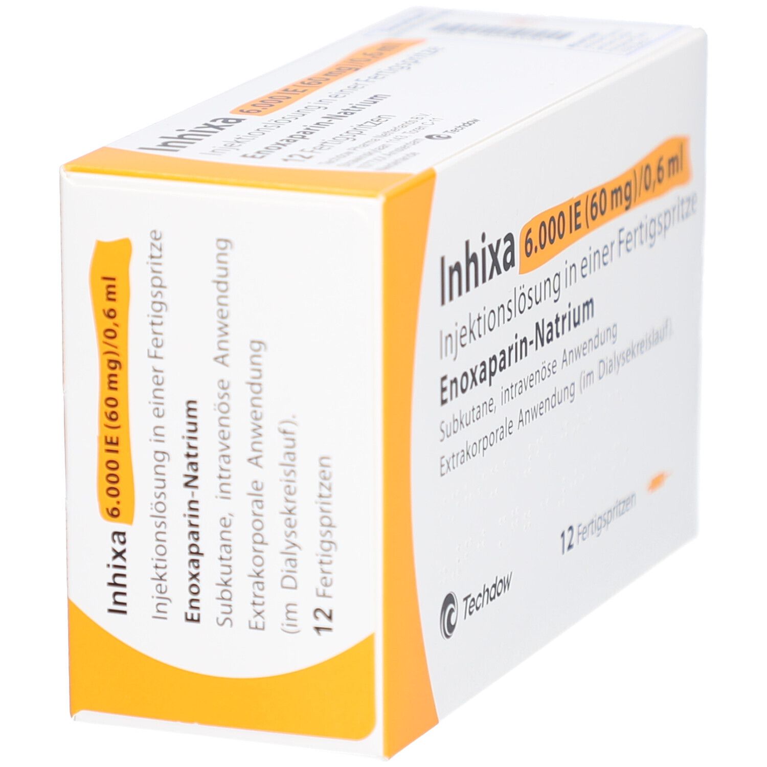 Schrägansicht der Inhixa 6.000 IE Verpackung. Enthält 12 Fertigspritzen. Text: Injektionslösung, Enoxaparin-Natrium, Techdow.