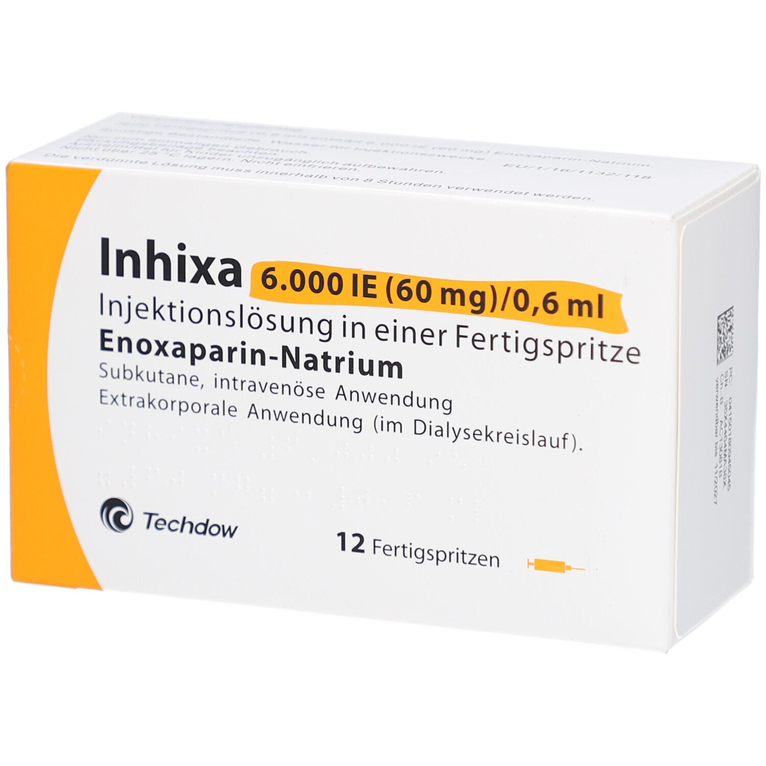 Verpackung von Inhixa 6.000 IE. Enthält 12 Fertigspritzen. Text: Injektionslösung, Enoxaparin-Natrium, Techdow.
