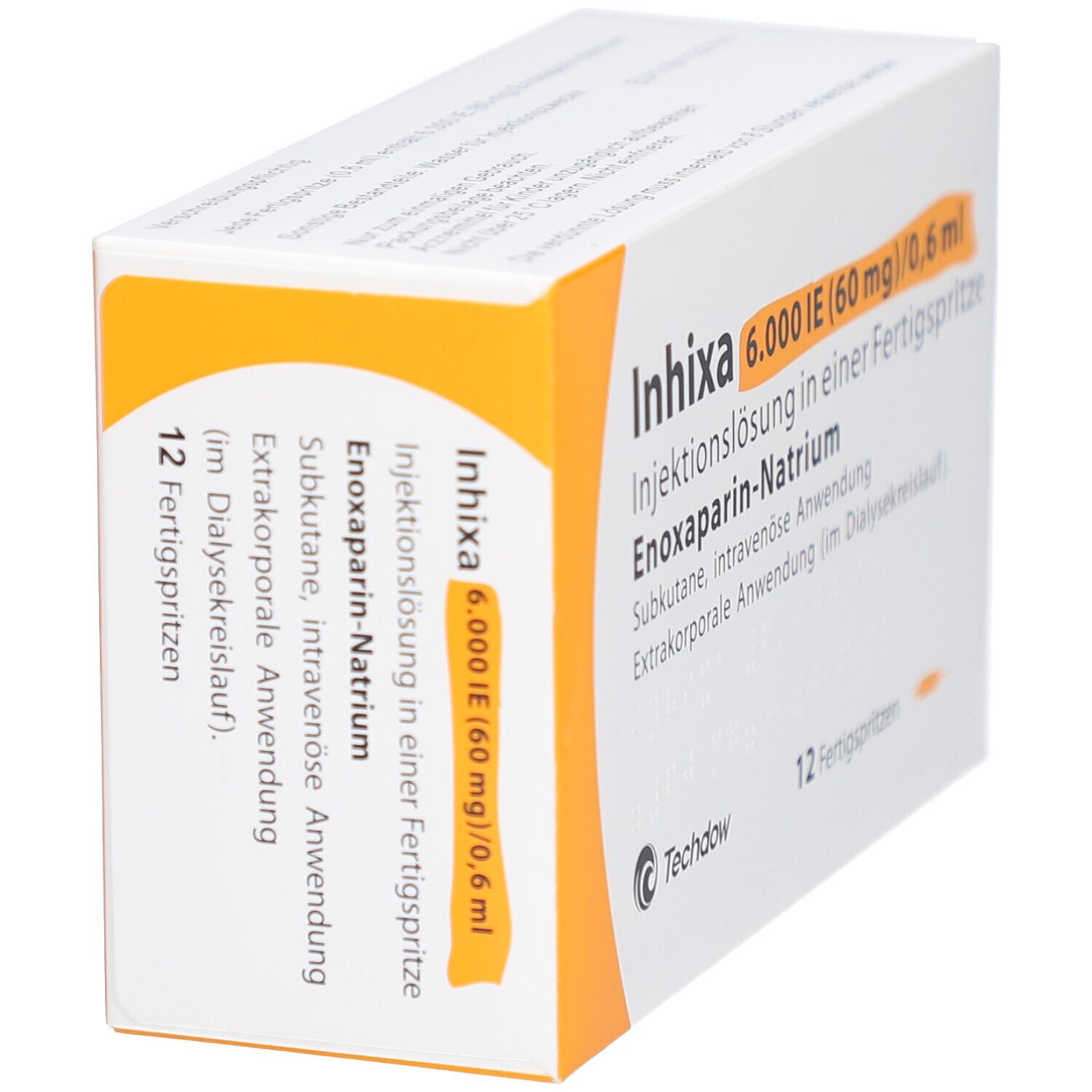Schrägansicht der Inhixa 6.000 IE Verpackung. Enthält 12 Fertigspritzen. Text: Injektionslösung, Enoxaparin-Natrium, Techdow.