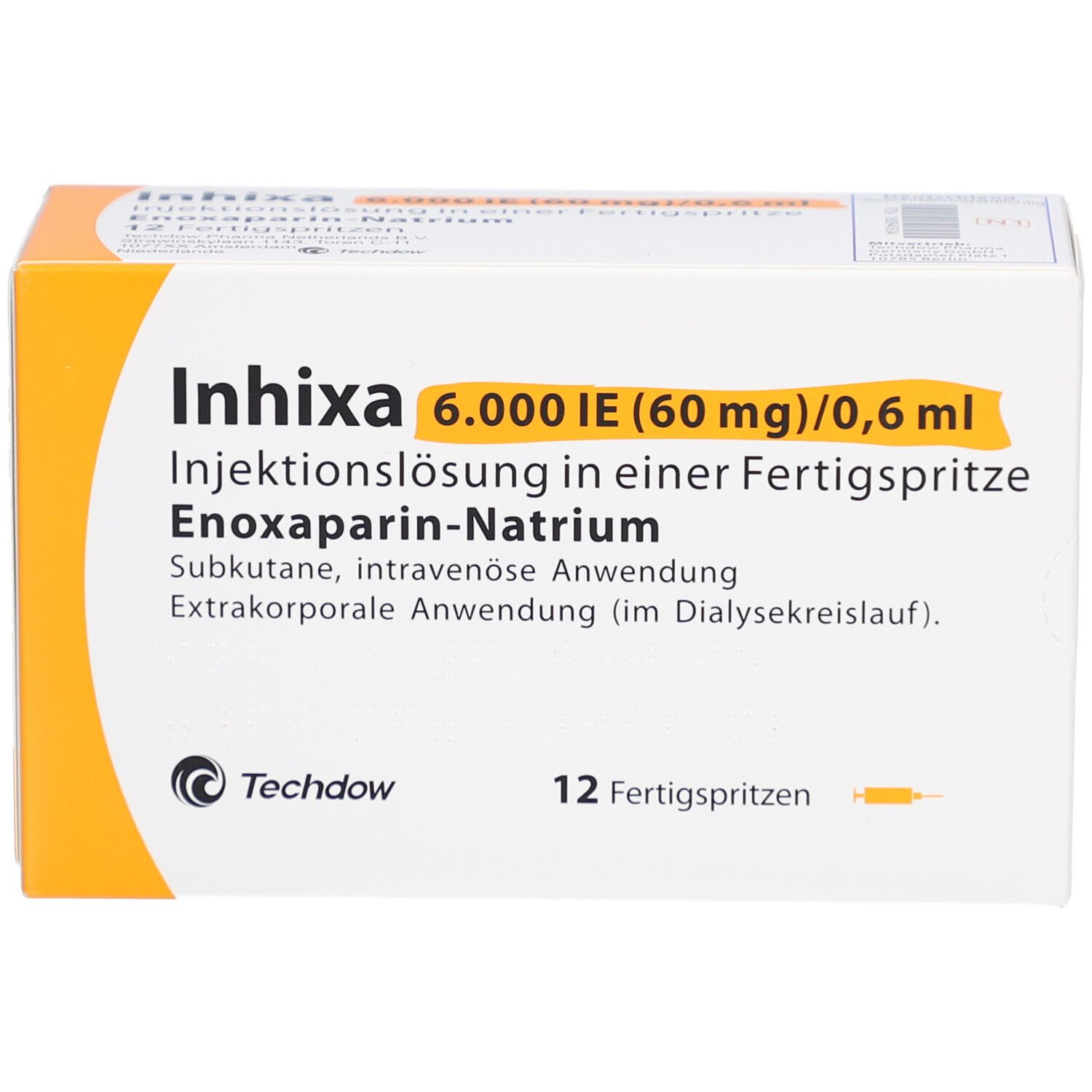 Verpackung von Inhixa 6.000 IE. Enthält 12 Fertigspritzen. Text: Injektionslösung, Enoxaparin-Natrium, Techdow.