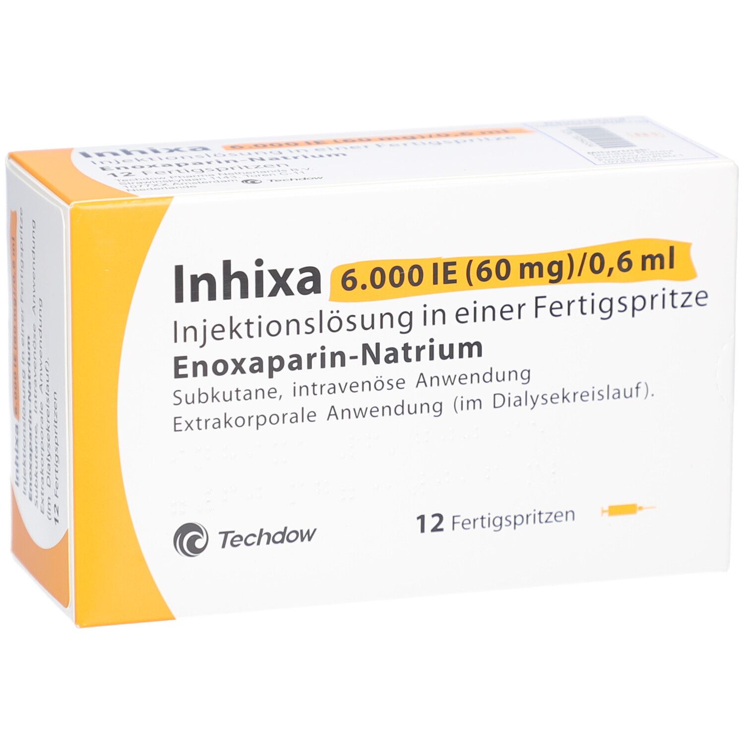 Schrägansicht der Inhixa 6.000 IE Verpackung. Enthält 12 Fertigspritzen. Text: Injektionslösung, Enoxaparin-Natrium, Techdow.