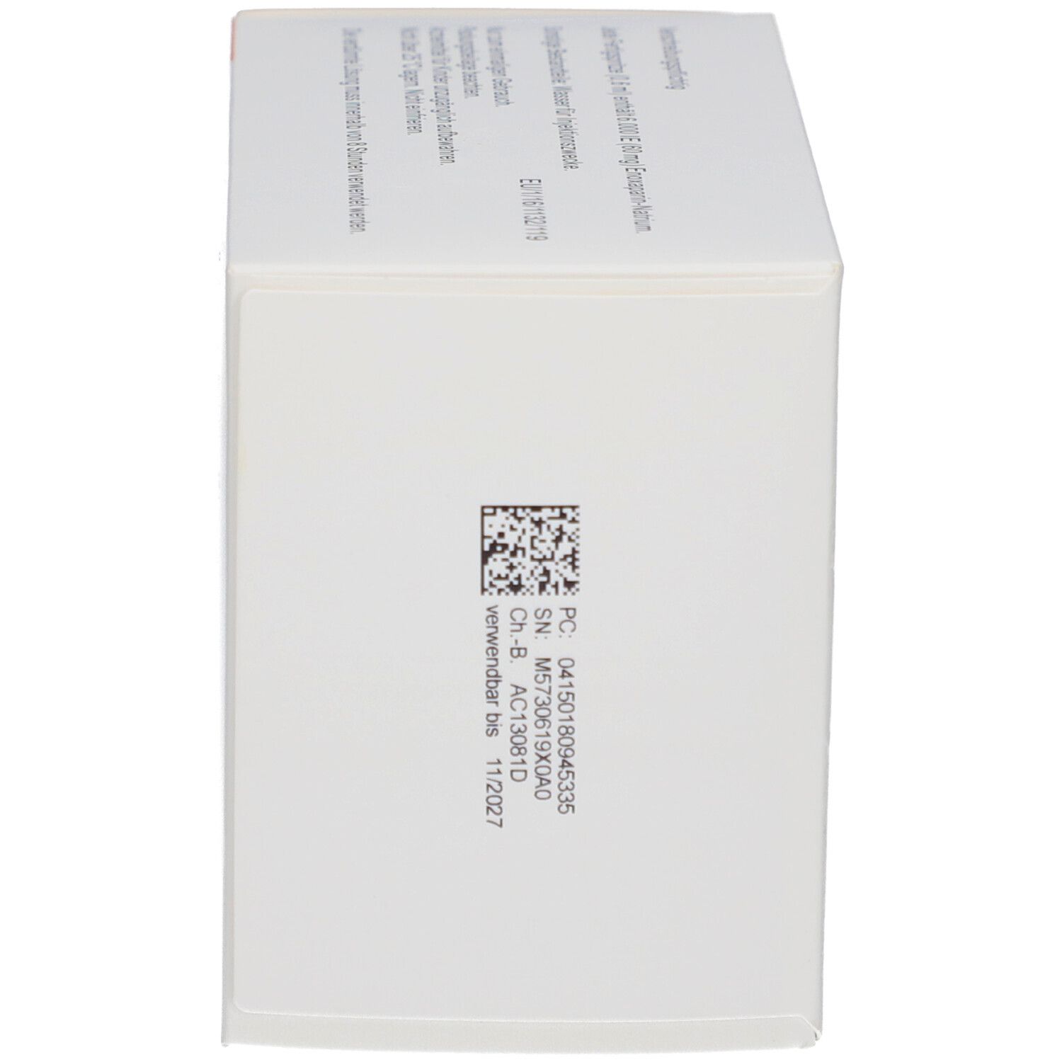 Weiße Produktverpackung. Aufdrucke mit Produktinformationen und Barcode. Haltbarkeit bis 11/2027.
