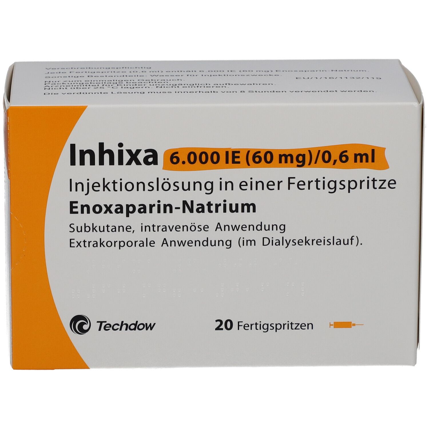 Produktverpackung mit Produktnamen INHIXA. Enthält 20 Fertigspritzen. Orangefarbene Akzente und Logo von Techdow.