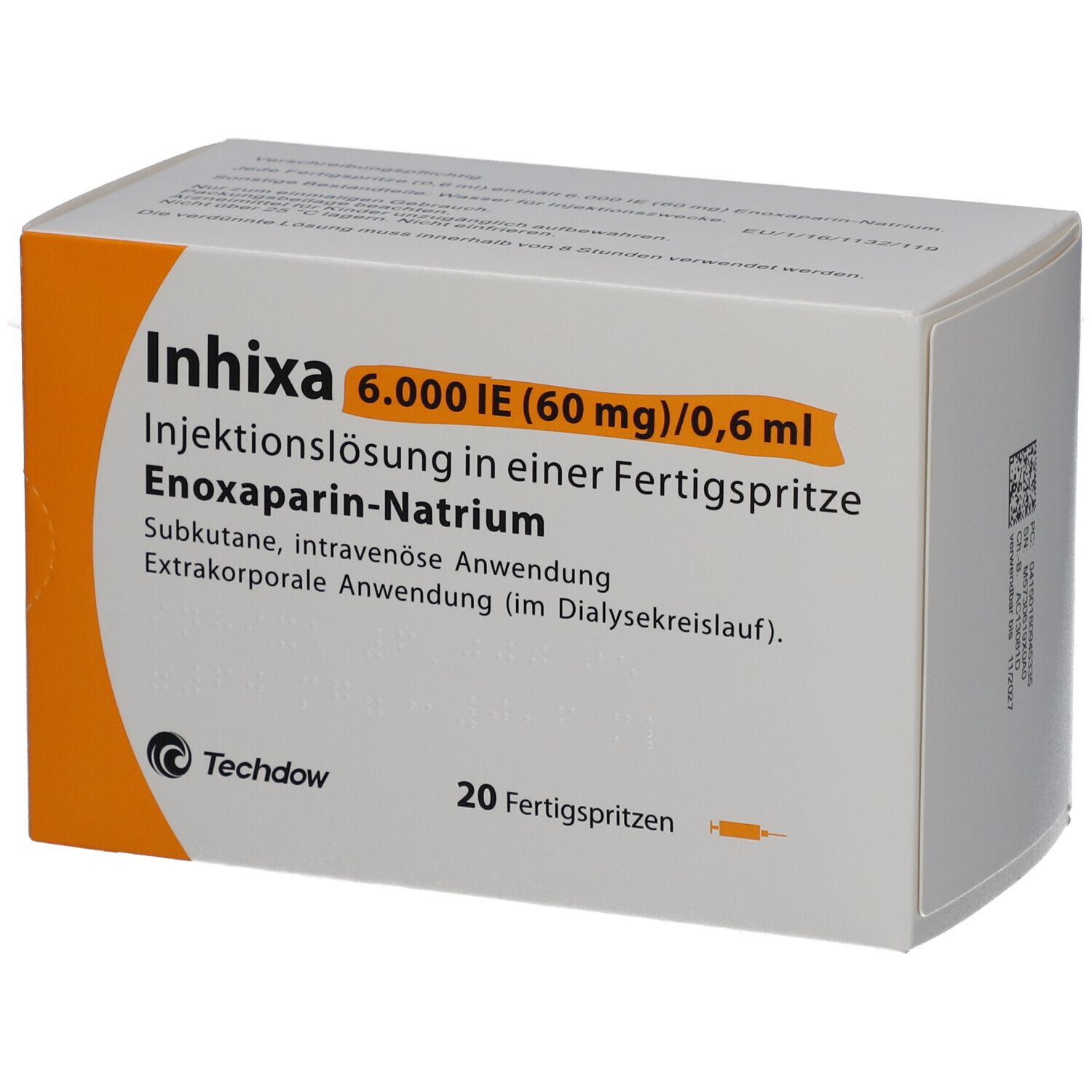 Produktverpackung mit Produktnamen INHIXA. Enthält 20 Fertigspritzen. Orangefarbene Akzente und Logo von Techdow.