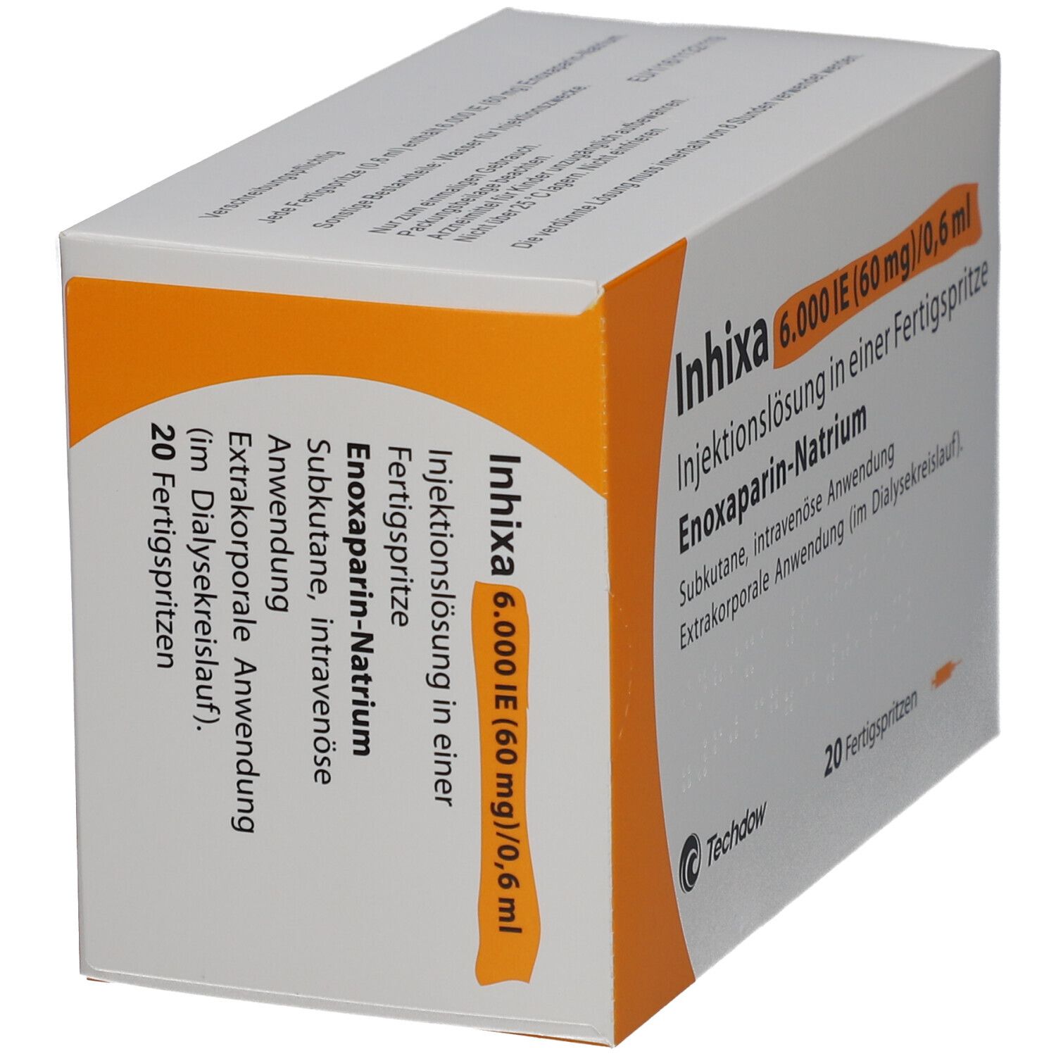 Produktverpackung mit Produktnamen INHIXA. Enthält 20 Fertigspritzen. Orangefarbene Akzente und Logo von Techdow.