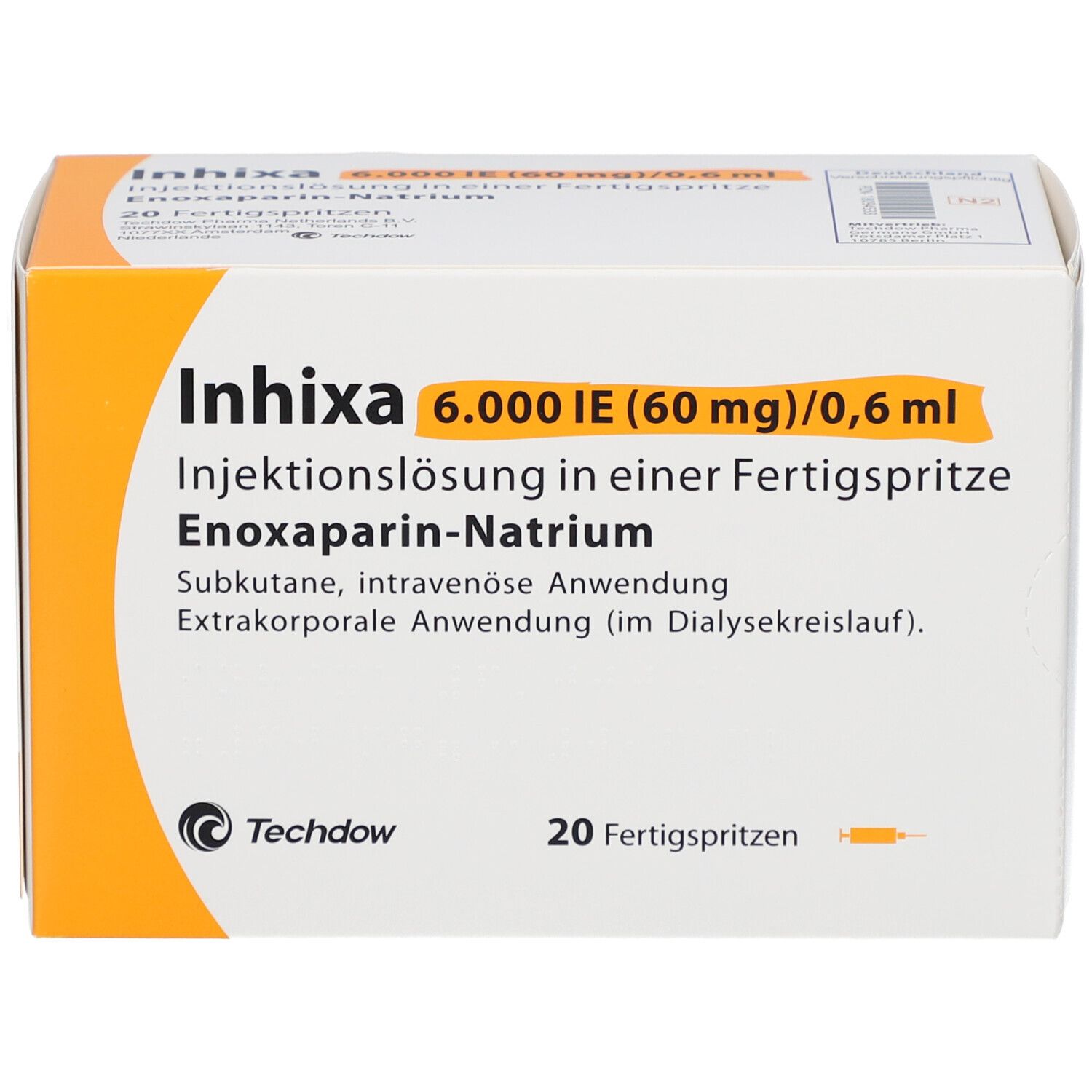 Produktverpackung mit Produktnamen INHIXA. Enthält 20 Fertigspritzen. Orangefarbene Akzente und Logo von Techdow.