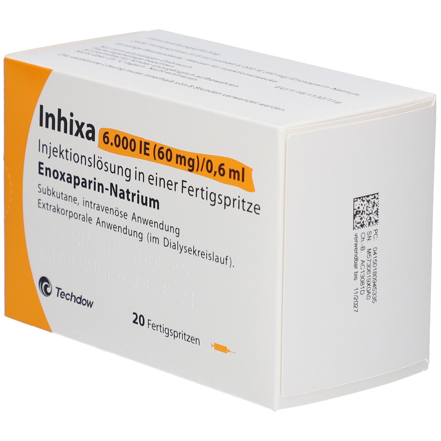 Produktverpackung mit Produktnamen INHIXA. Enthält 20 Fertigspritzen. Orangefarbene Akzente und Logo von Techdow.