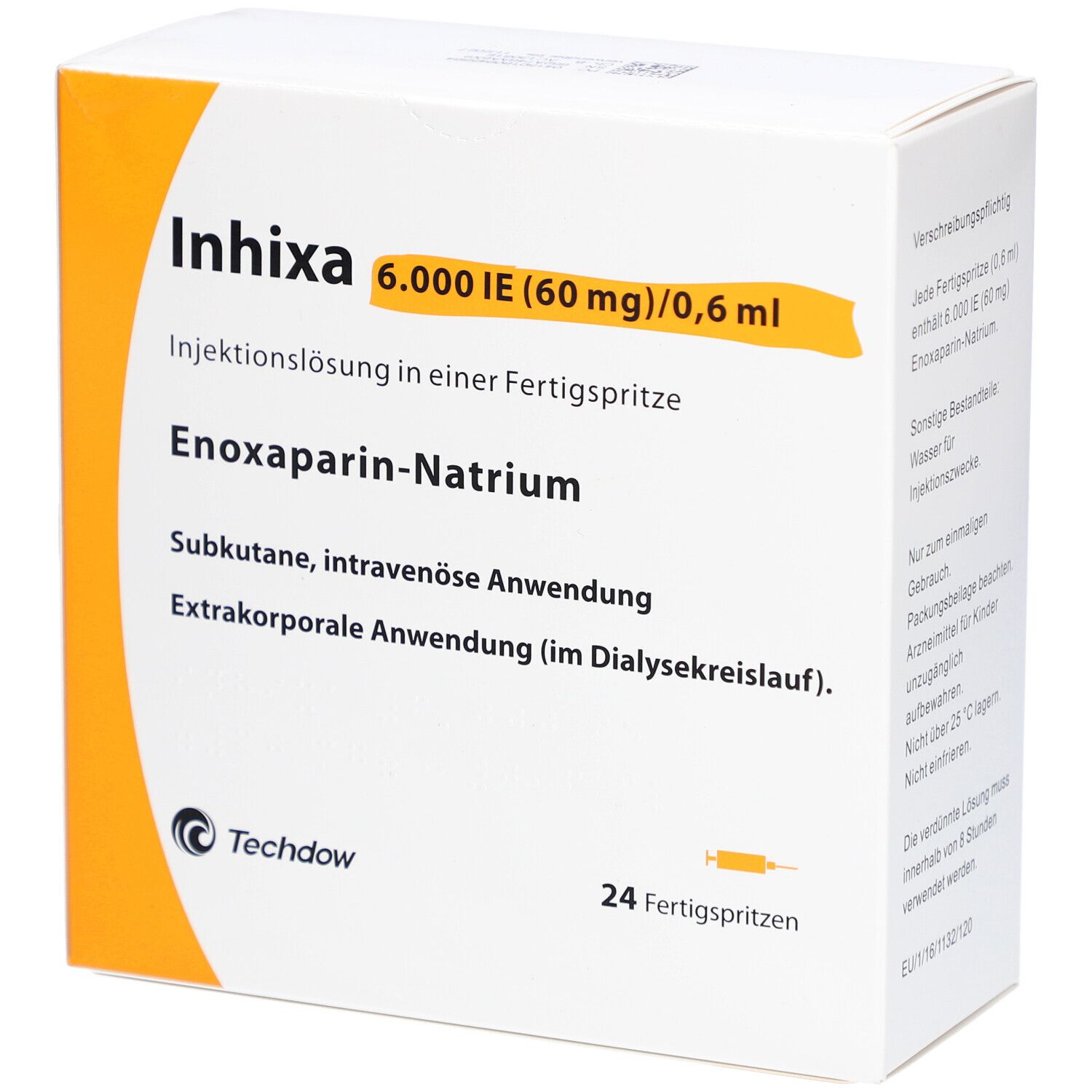Verpackung von Inhixa. Enthält 24 Fertigspritzen. Aufschrift: 6.000 IE (60 mg)/0,6 ml. Enoxaparin-Natrium.