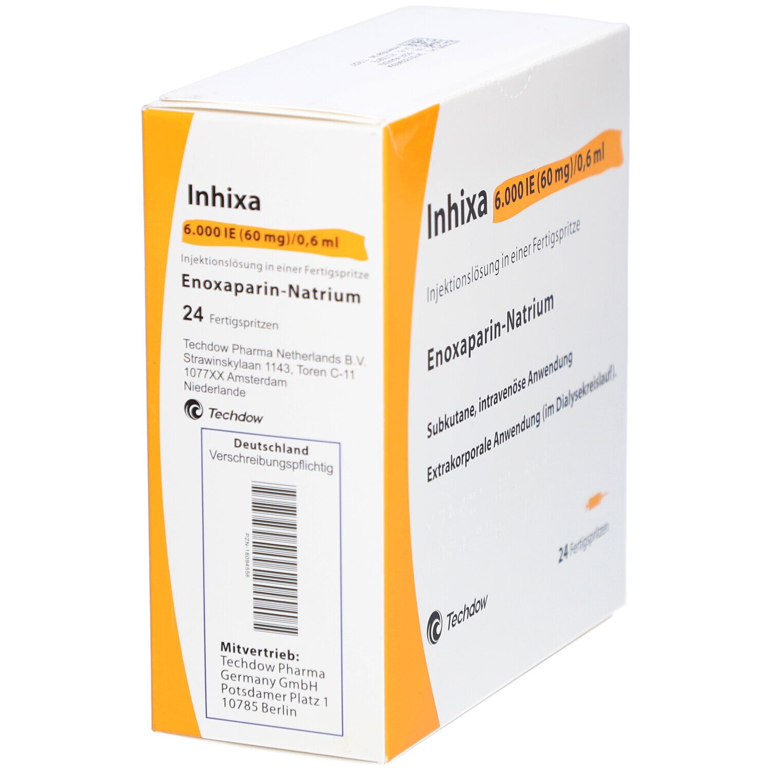 Verpackung von Inhixa. Enthält 24 Fertigspritzen. Aufschrift: 6.000 IE (60 mg)/0,6 ml. Enoxaparin-Natrium. Techdow.