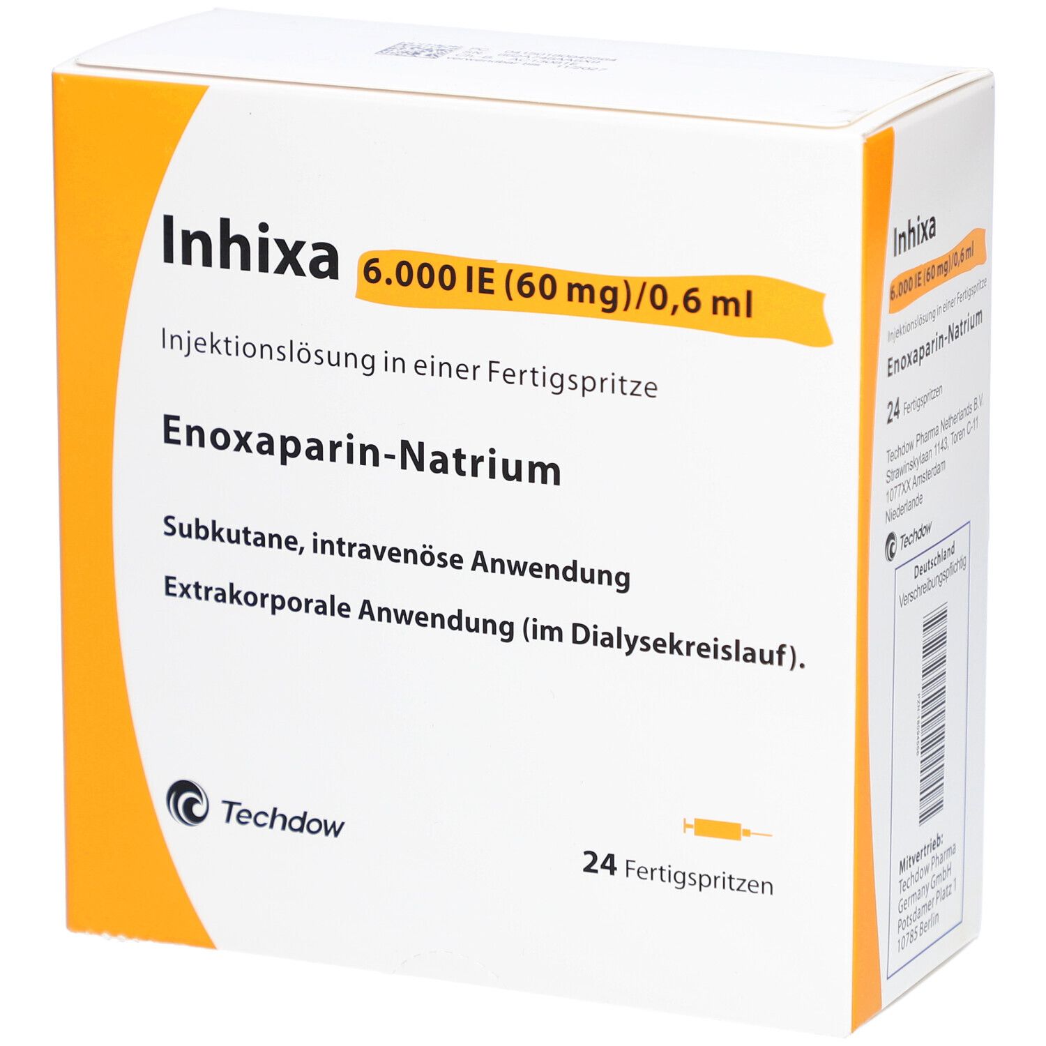 Verpackung von Inhixa. Enthält 24 Fertigspritzen. Aufschrift: 6.000 IE (60 mg)/0,6 ml. Enoxaparin-Natrium. Techdow.