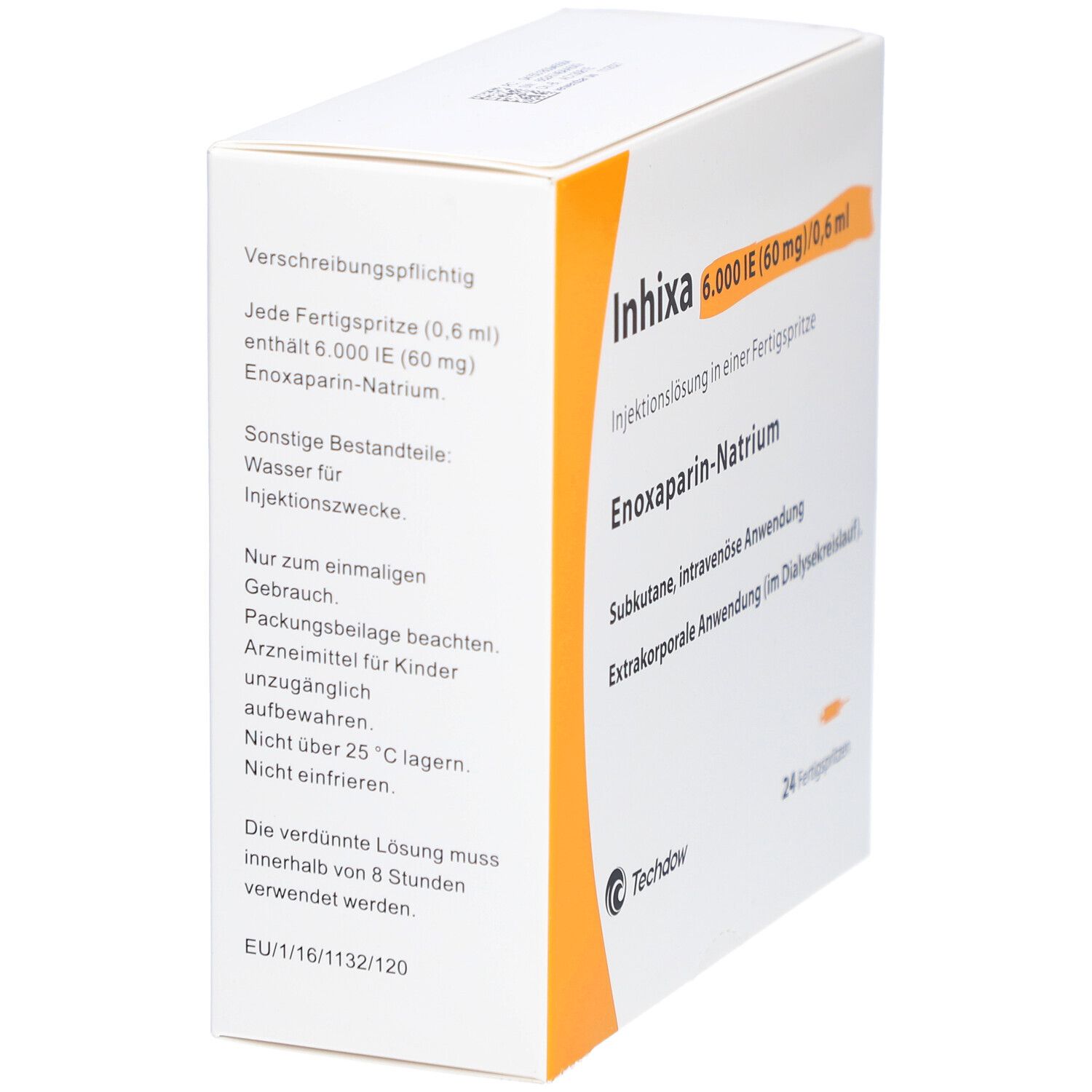Verpackung von Inhixa. Enthält 24 Fertigspritzen. Aufschrift: 6.000 IE (60 mg)/0,6 ml. Enoxaparin-Natrium. Techdow.
