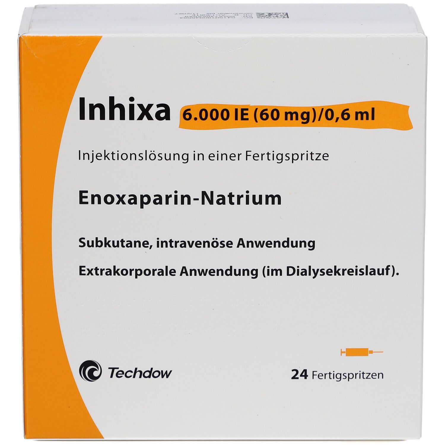 Verpackung von Inhixa. Enthält 24 Fertigspritzen. Aufschrift: 6.000 IE (60 mg)/0,6 ml. Enoxaparin-Natrium. Techdow.