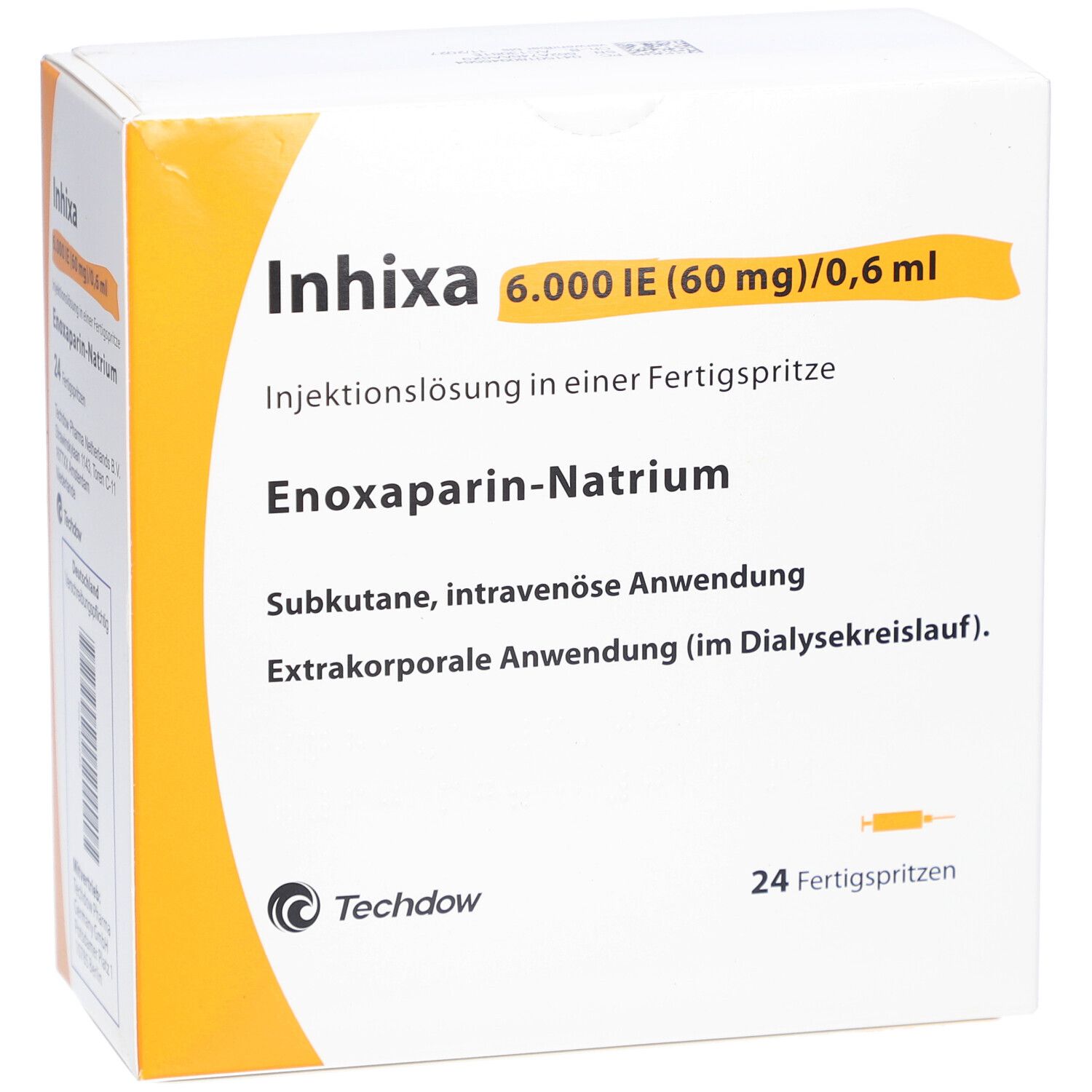 Verpackung von Inhixa. Enthält 24 Fertigspritzen. Aufschrift: 6.000 IE (60 mg)/0,6 ml. Enoxaparin-Natrium. Techdow.