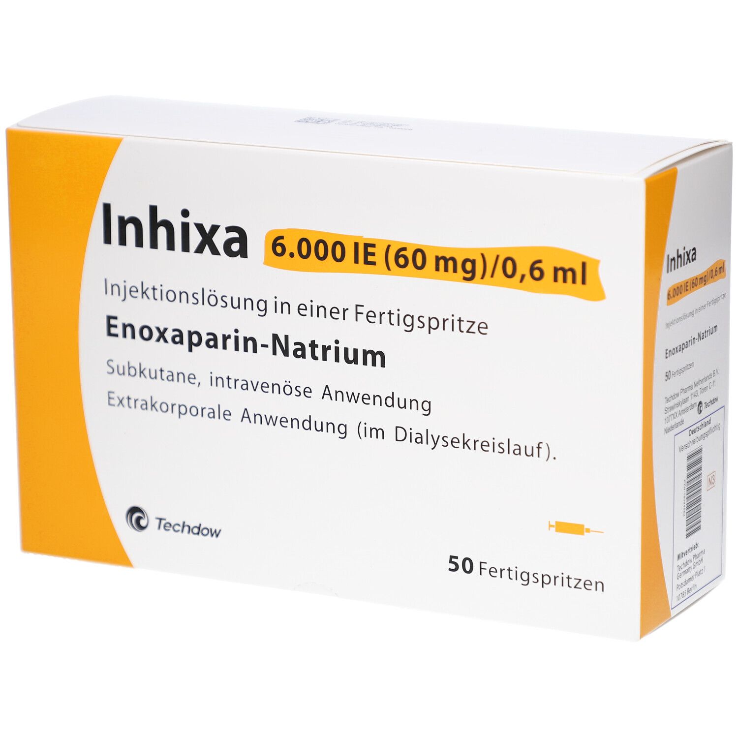 Weiße Schachtel mit gelben Akzenten. Aufschrift: Inhixa 6.000 IE (60 mg)/0,6 ml. 50 Fertigspritzen. Enoxaparin-Natrium.