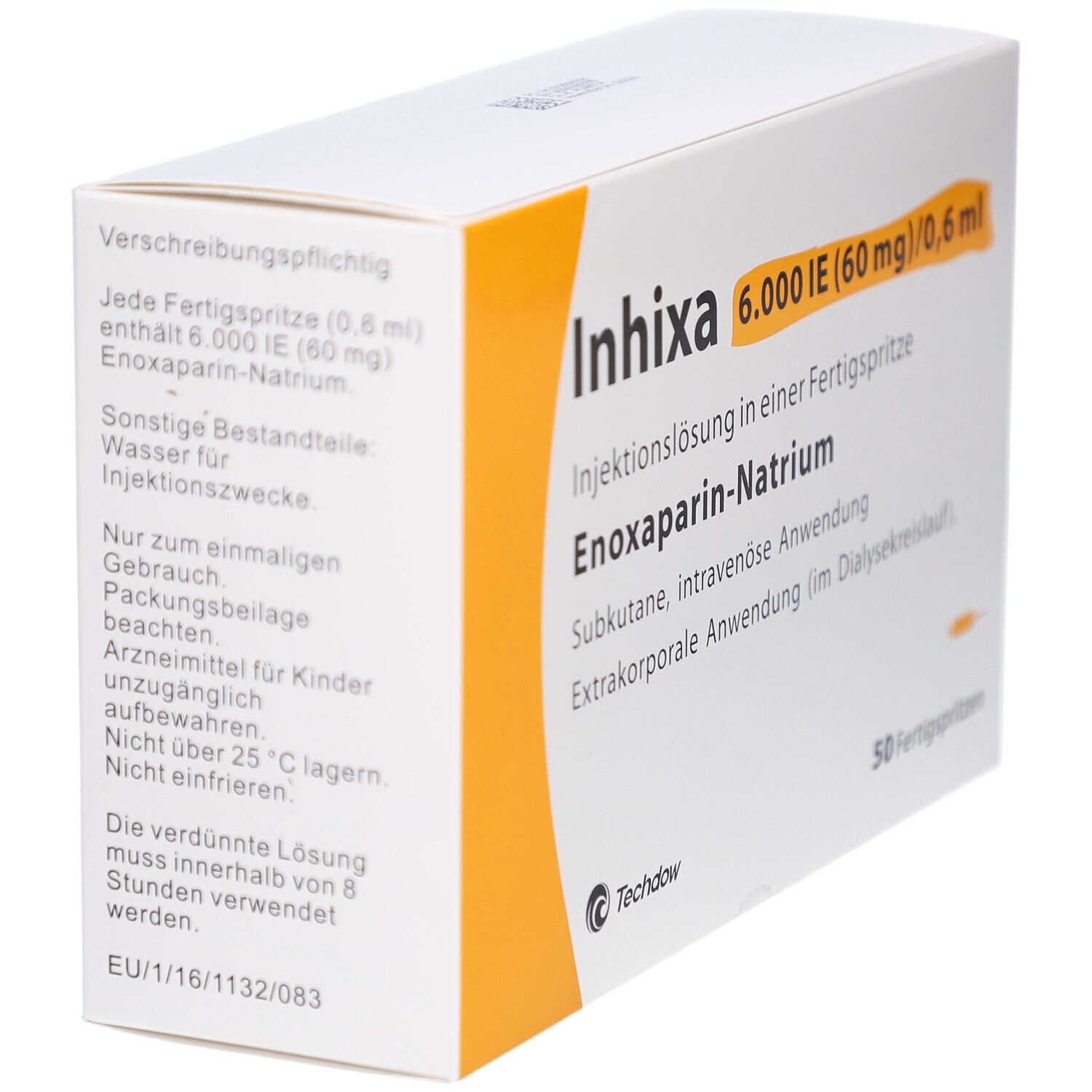 Weiße Schachtel mit gelben Akzenten. Aufschrift: Inhixa 6.000 IE (60 mg)/0,6 ml. 50 Fertigspritzen. Enoxaparin-Natrium.
