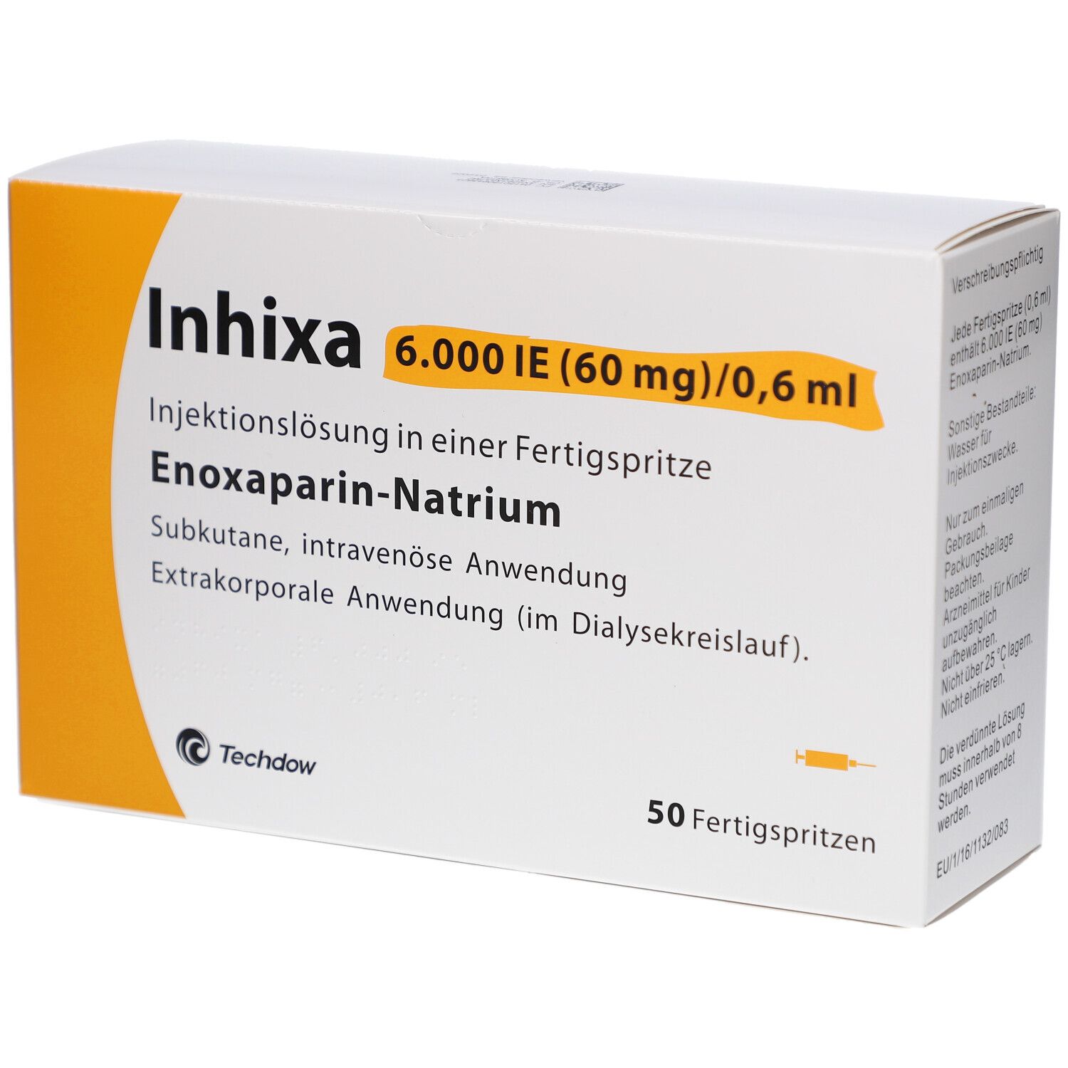 Weiße Schachtel mit gelben Akzenten. Aufschrift: Inhixa 6.000 IE (60 mg)/0,6 ml. 50 Fertigspritzen. Enoxaparin-Natrium.