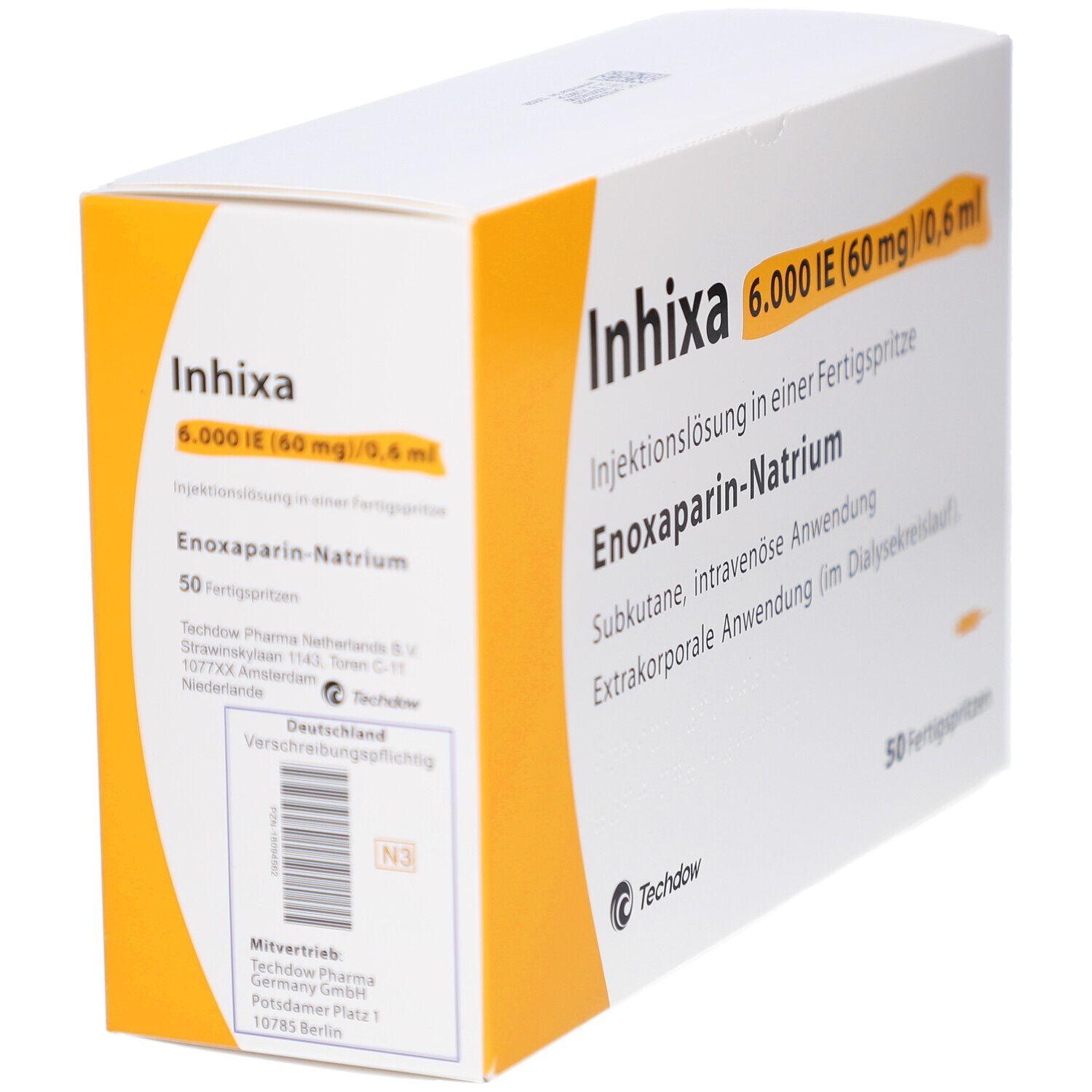 Weiße Schachtel mit gelben Akzenten. Aufschrift: Inhixa 6.000 IE (60 mg)/0,6 ml. 50 Fertigspritzen. Enoxaparin-Natrium.