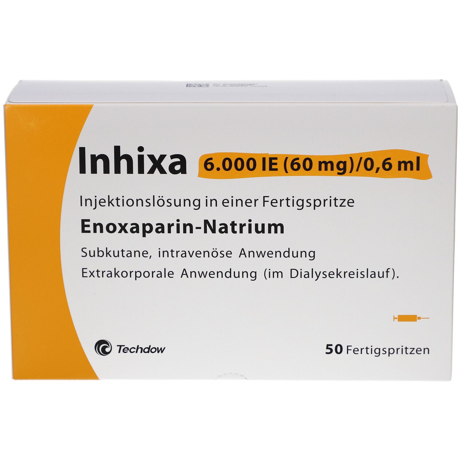 Weiße Schachtel mit gelben Akzenten. Aufschrift: Inhixa 6.000 IE (60 mg)/0,6 ml. 50 Fertigspritzen. Enoxaparin-Natrium.
