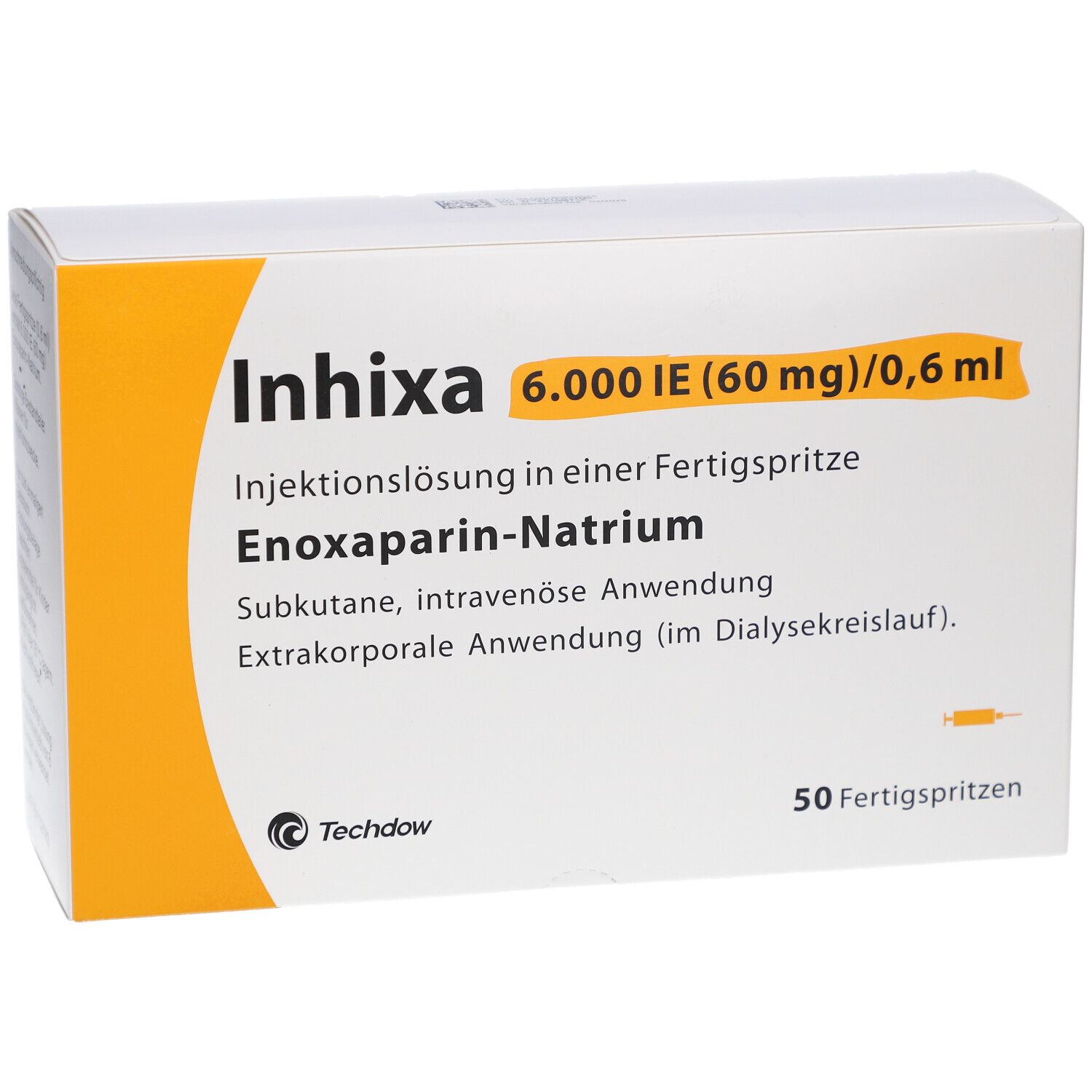 Weiße Schachtel mit gelben Akzenten. Aufschrift: Inhixa 6.000 IE (60 mg)/0,6 ml. 50 Fertigspritzen. Enoxaparin-Natrium.